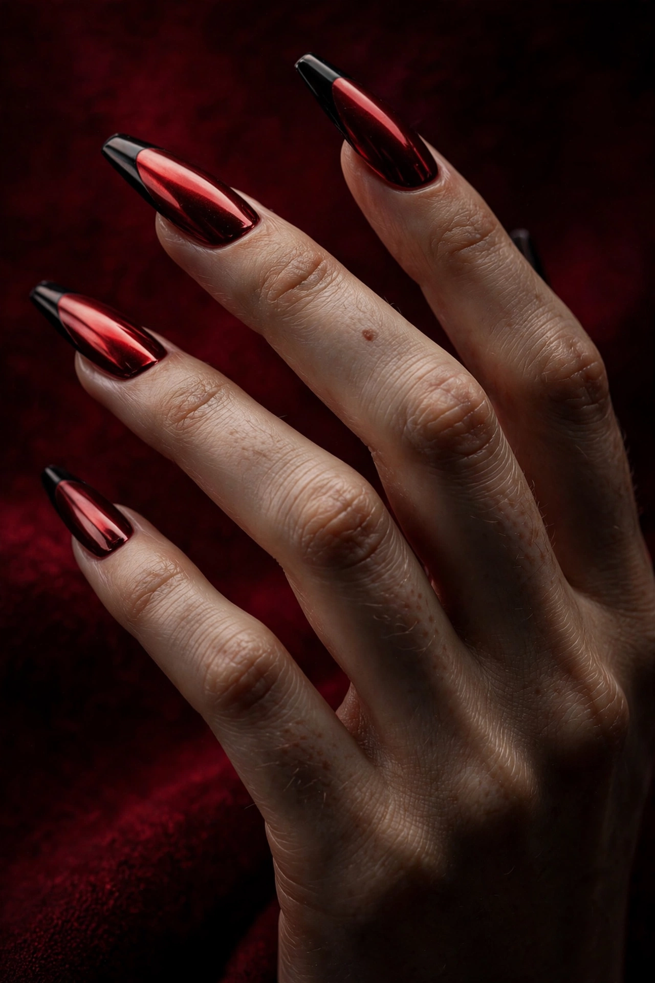 Vampire red chrome Halloween nail art with black reverse French tips