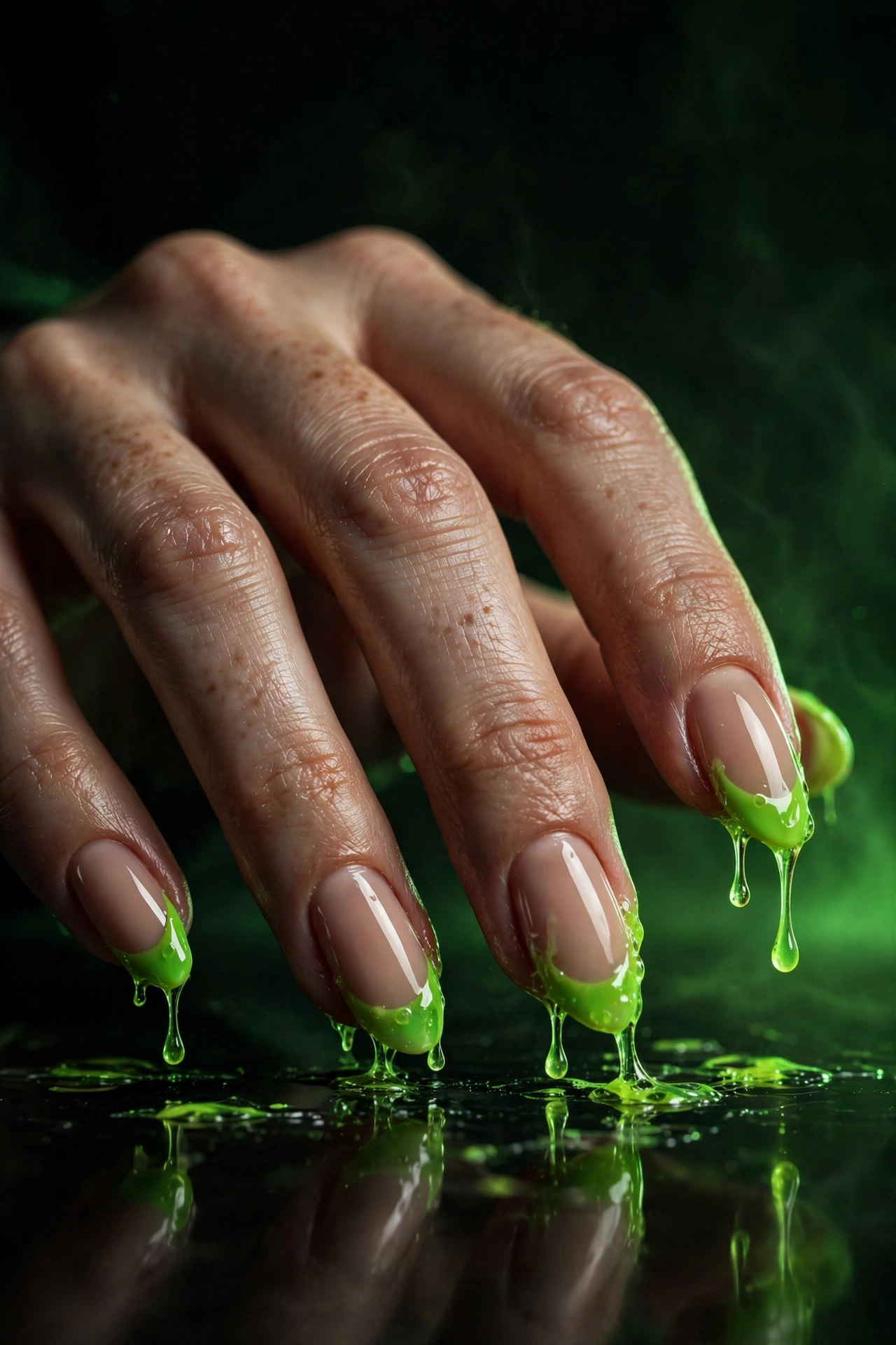 Neon green toxic slime drip Halloween nail art design
