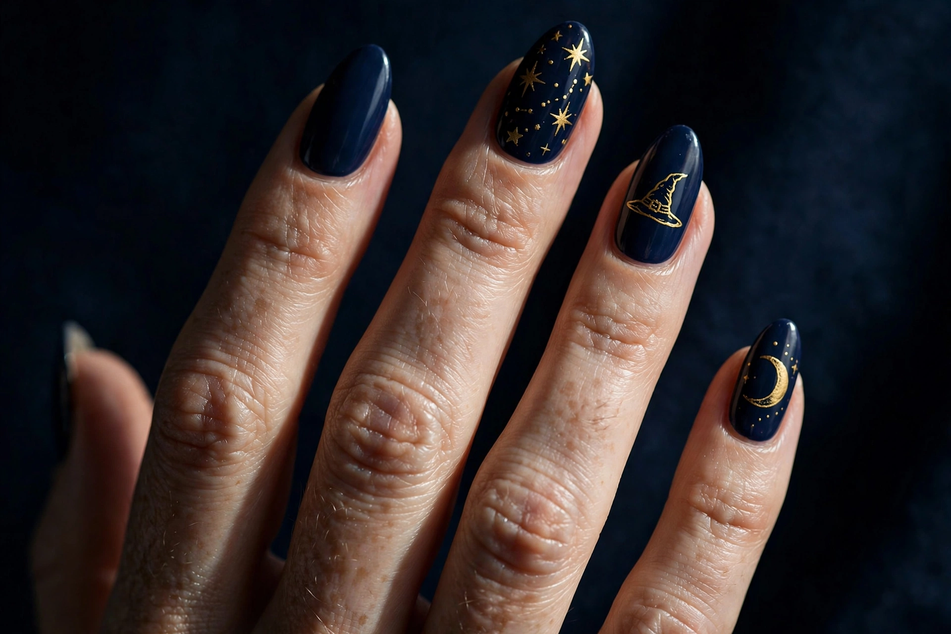 Witch hat and stars Halloween nail art on midnight blue nails