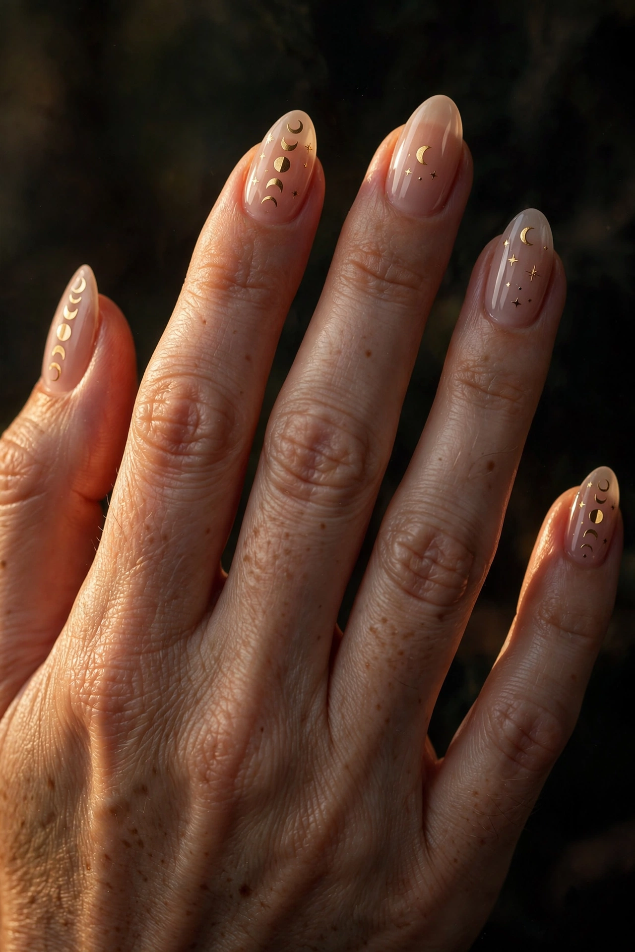 Golden moon phase decal Halloween nail art on nude nails