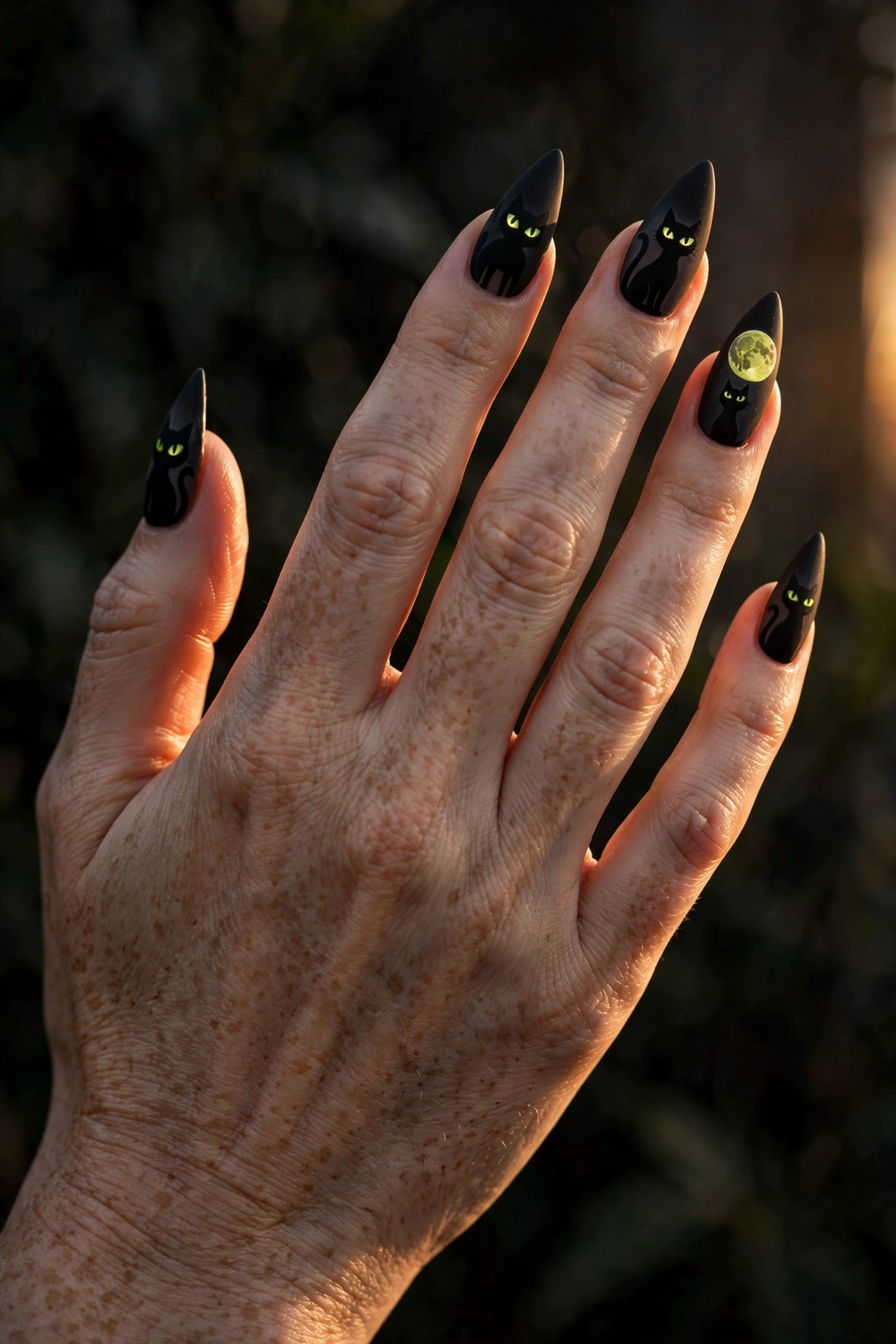 Black cat silhouette Halloween nail art on matte black stiletto nails