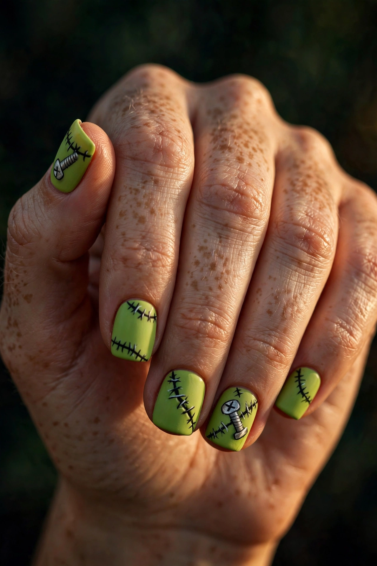 Frankenstein stitch Halloween nail art on lime green nails