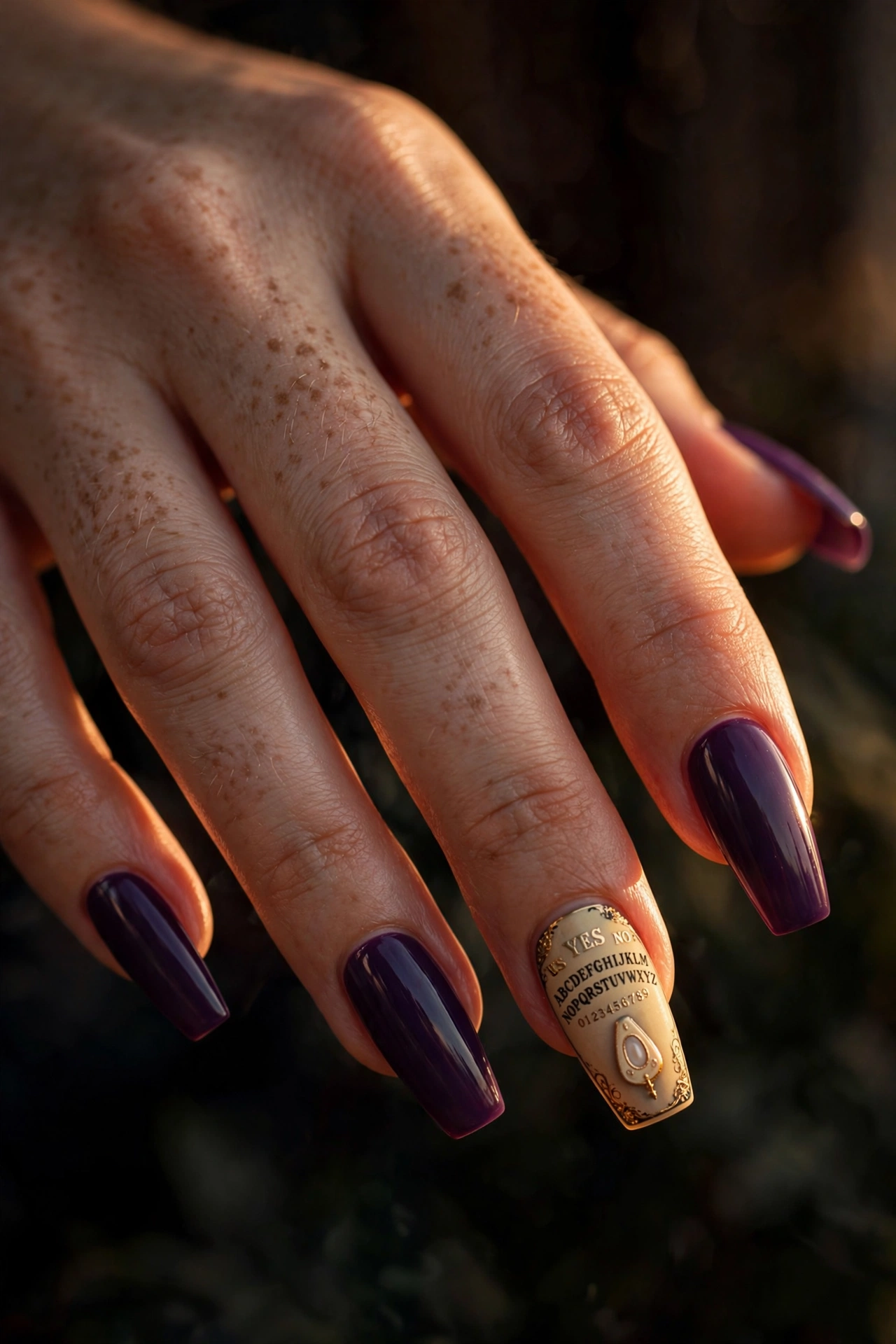 Ouija board accent Halloween nail art on deep purple nails