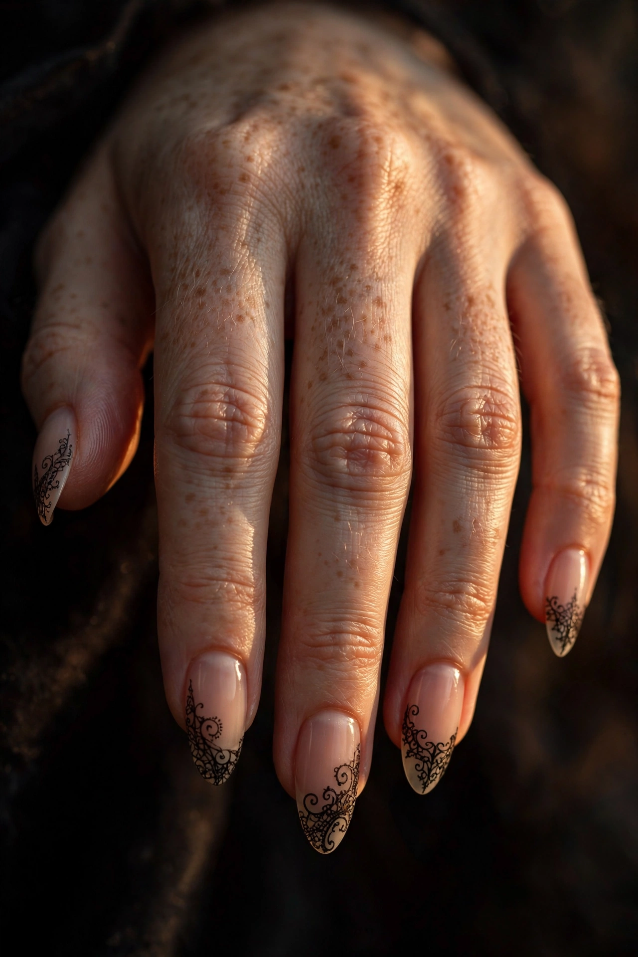 Gothic lace filigree Halloween nail art on nude nails