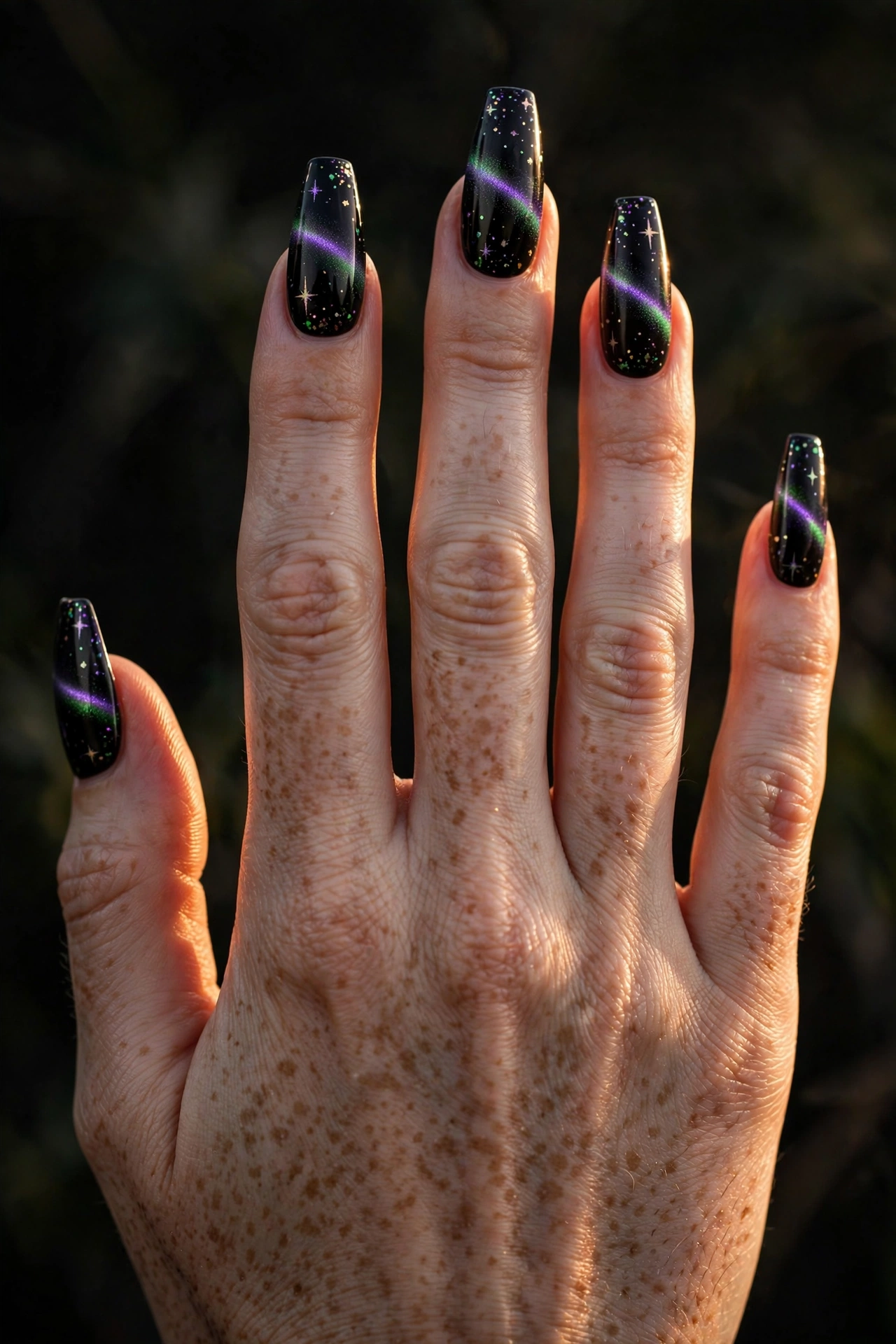 Magnetic cat-eye galaxy Halloween nail art on black coffin nails