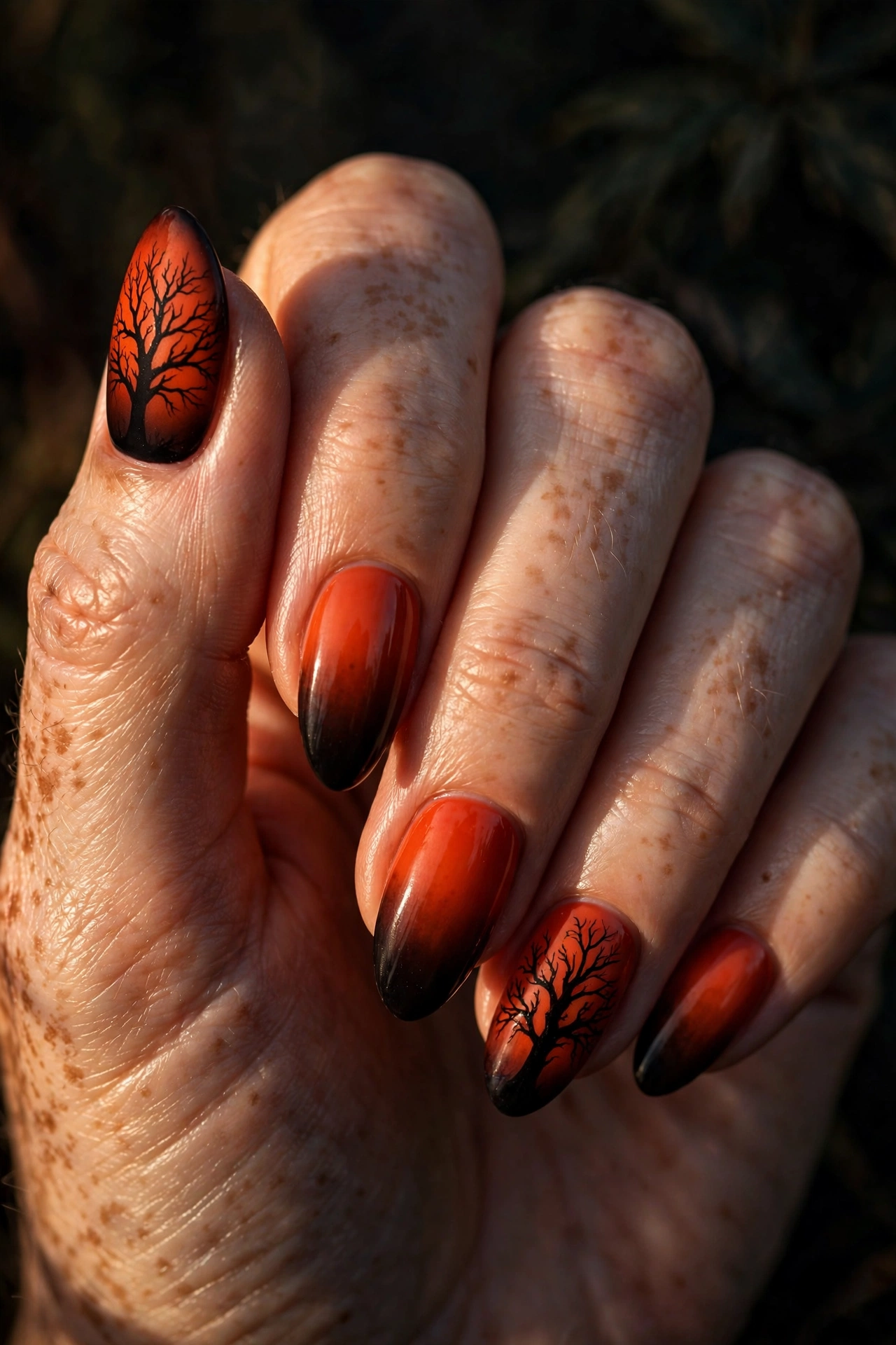 Dead tree silhouette Halloween nail art on blood orange gradient nails