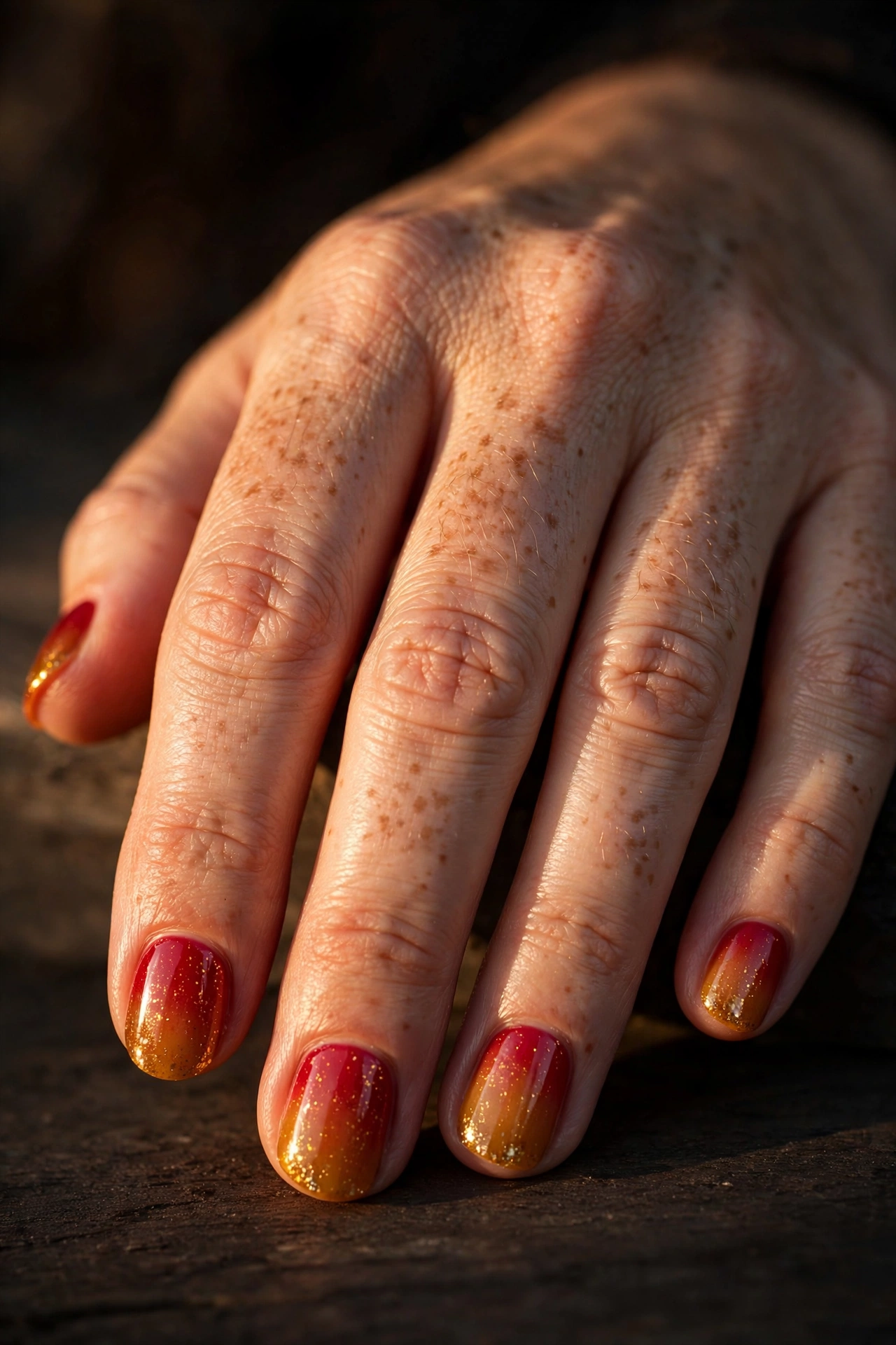 Candy apple red ombre Halloween nail art with gold glitter