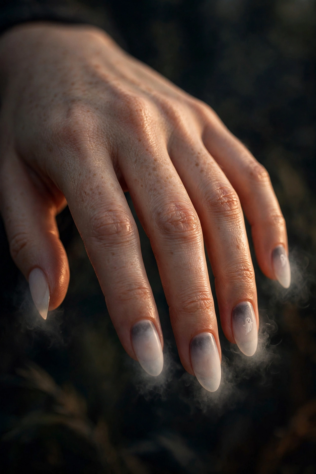 Ghostly fog aura Halloween nail art with tiny ghost silhouettes