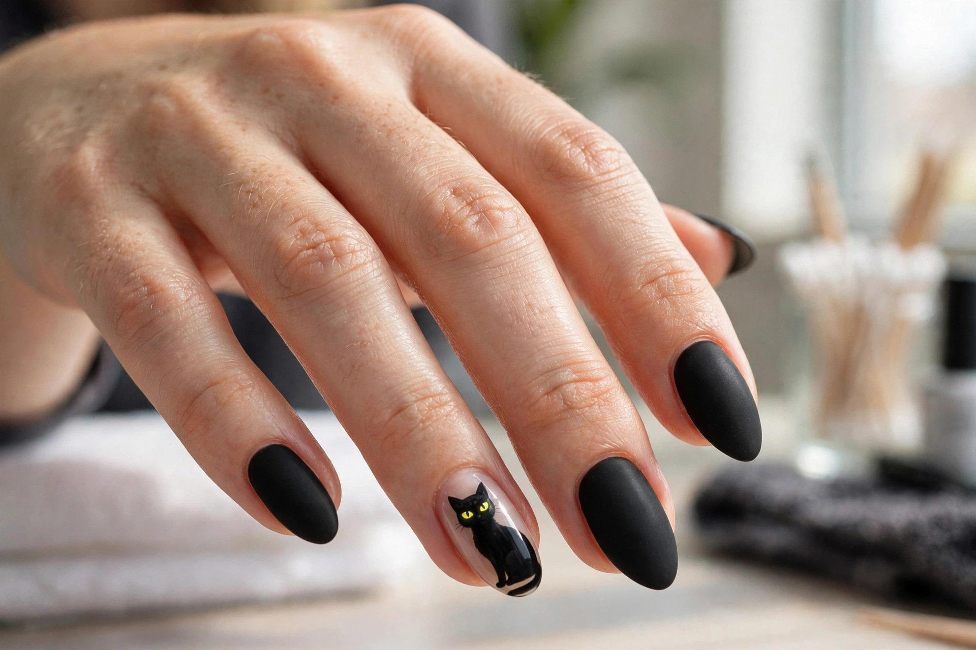 Black cat silhouette Halloween nail design with glowing yellow eyes on matte black almond nails