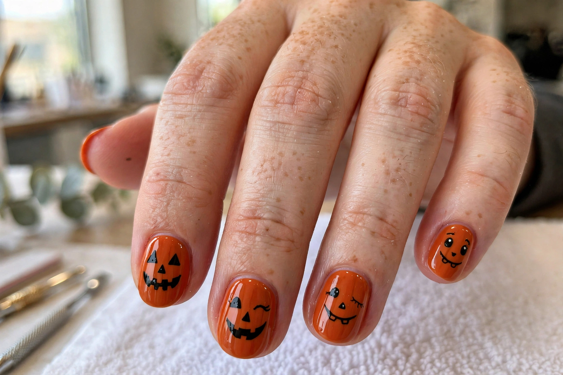 Jack-o'-lantern pumpkin face Halloween nail design in burnt orange