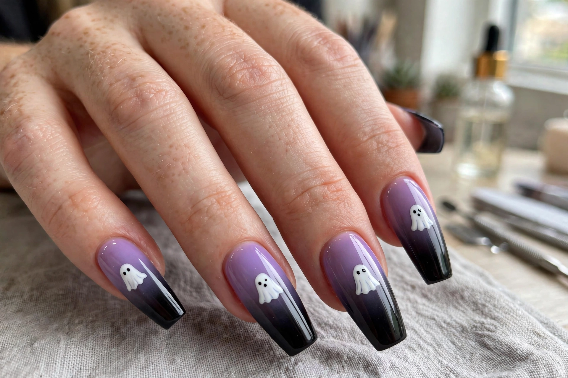 Friendly ghost Halloween nail design with white sheet ghosts on purple-to-black gradient coffin nails