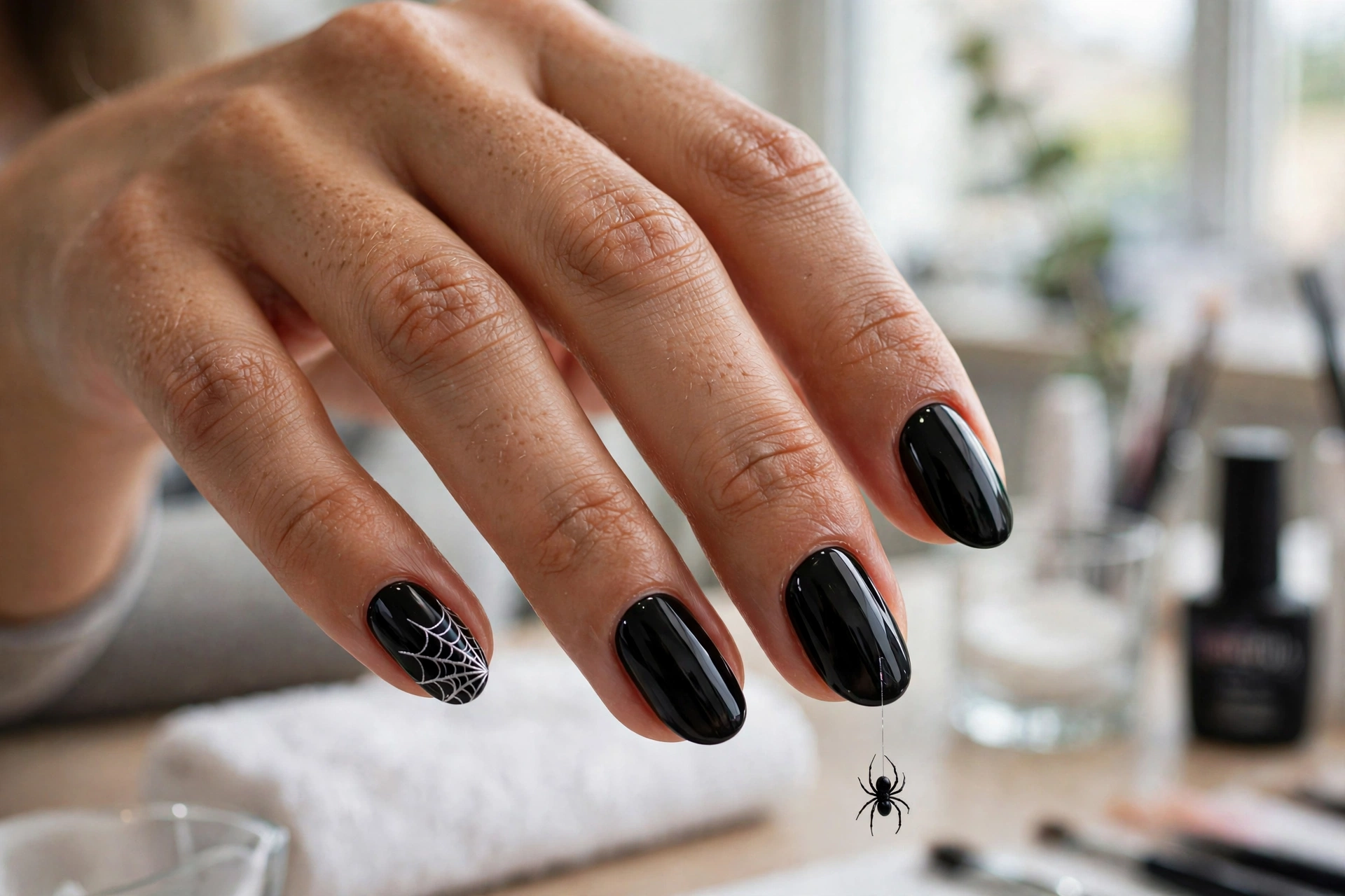 Silver spider web Halloween nail design on glossy black oval nails with a dangling spider
