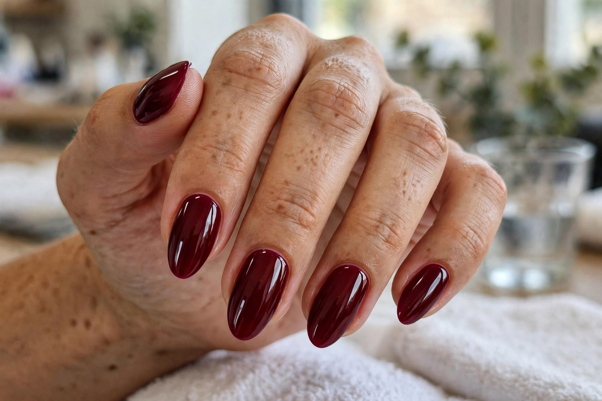 Vampy wine Halloween nail design in deep burgundy with high-gloss finish