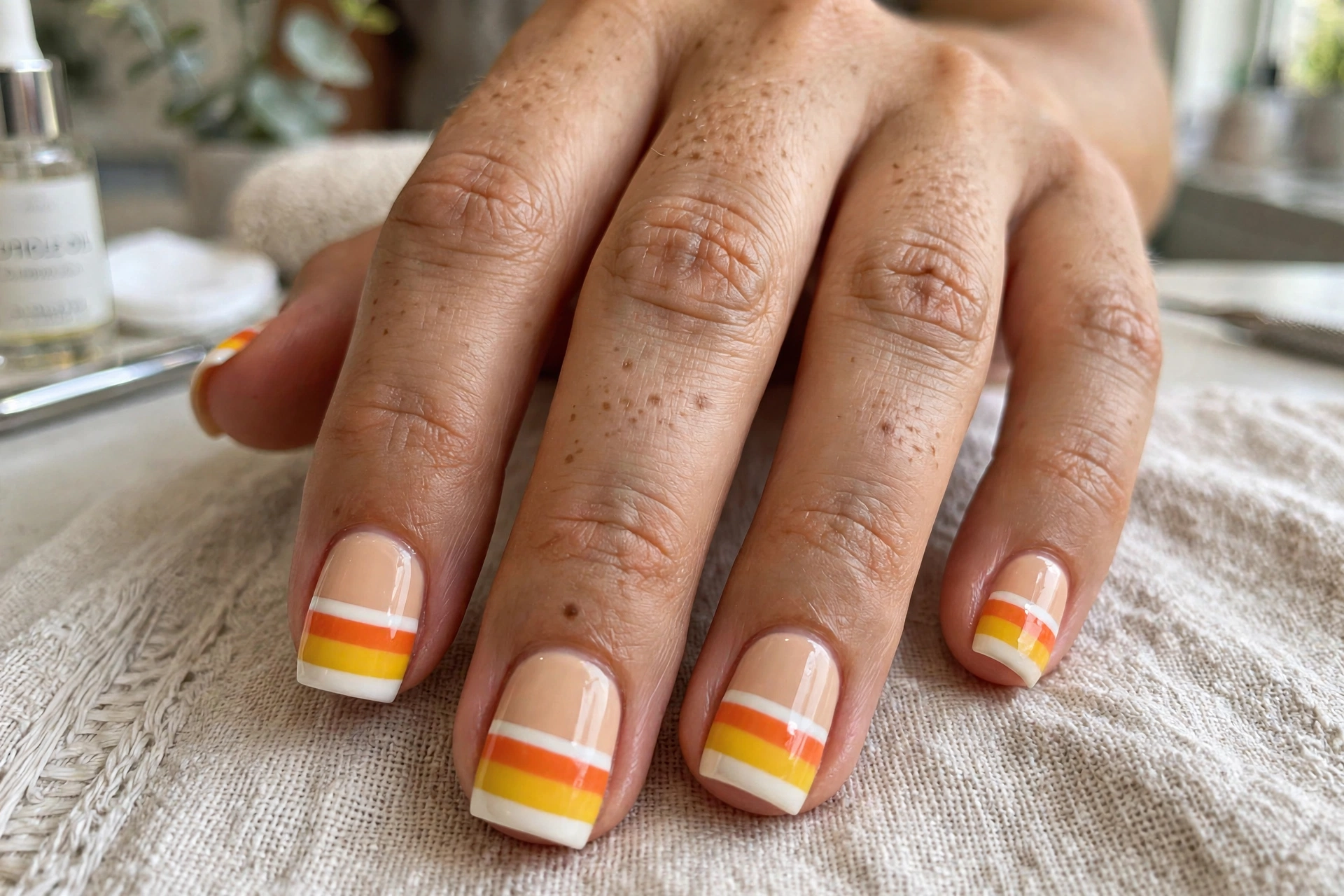 Candy corn tip Halloween nail design with white orange and yellow bands on nude base