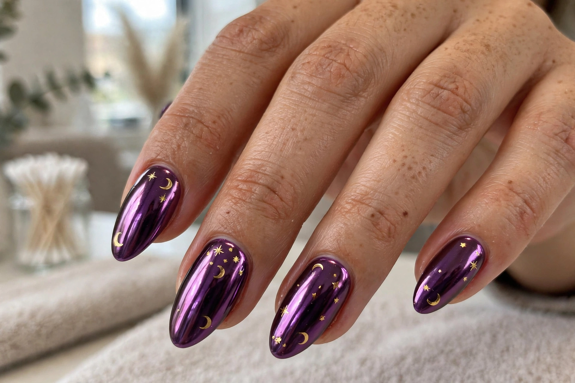 Witchy purple chrome Halloween nail design with moon and star decals