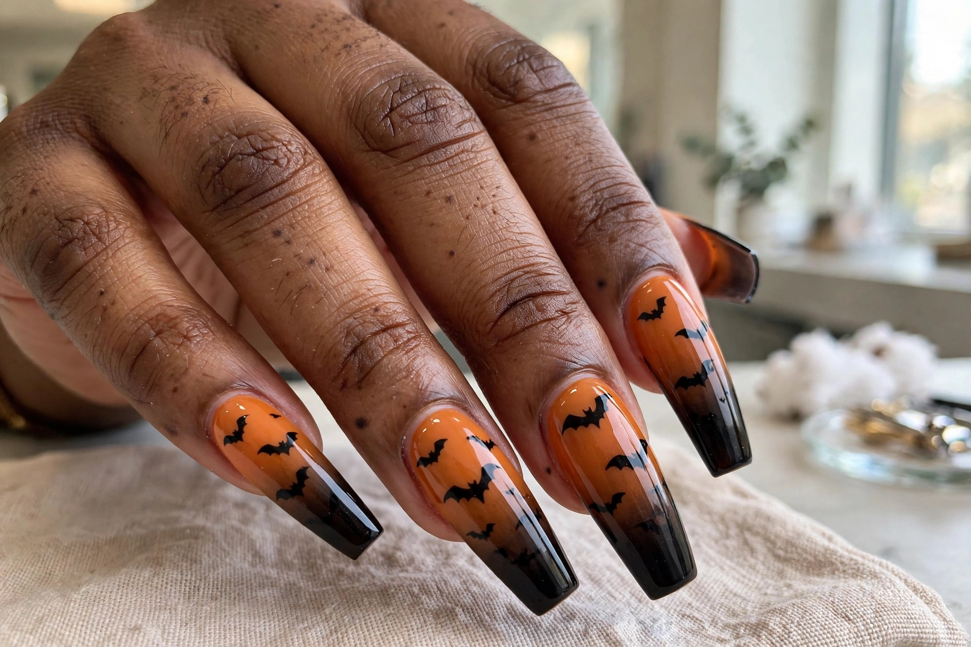 Midnight bats Halloween nail design with bat silhouettes on orange-to-black gradient