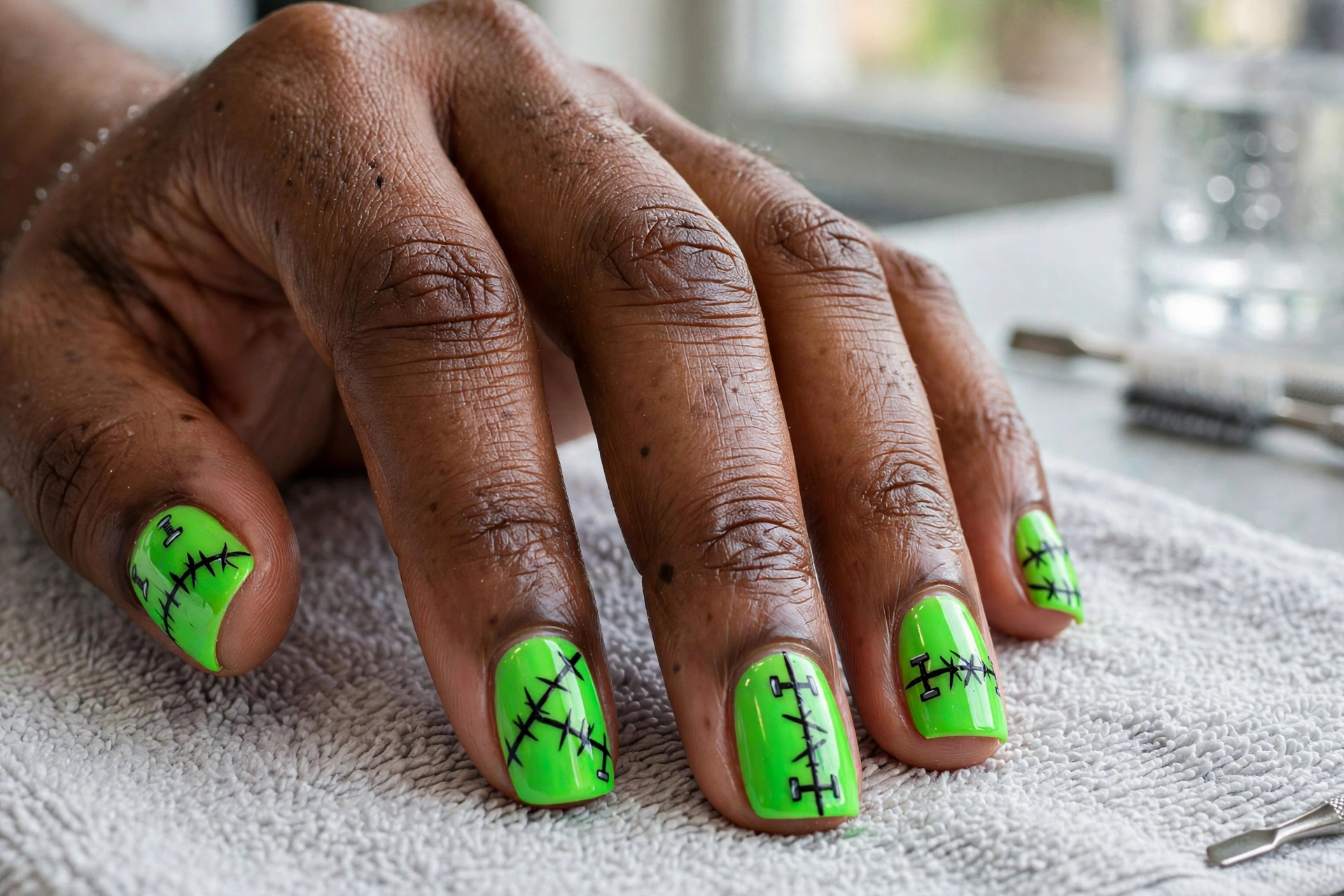 Frankenstein green Halloween nail design with black stitch details