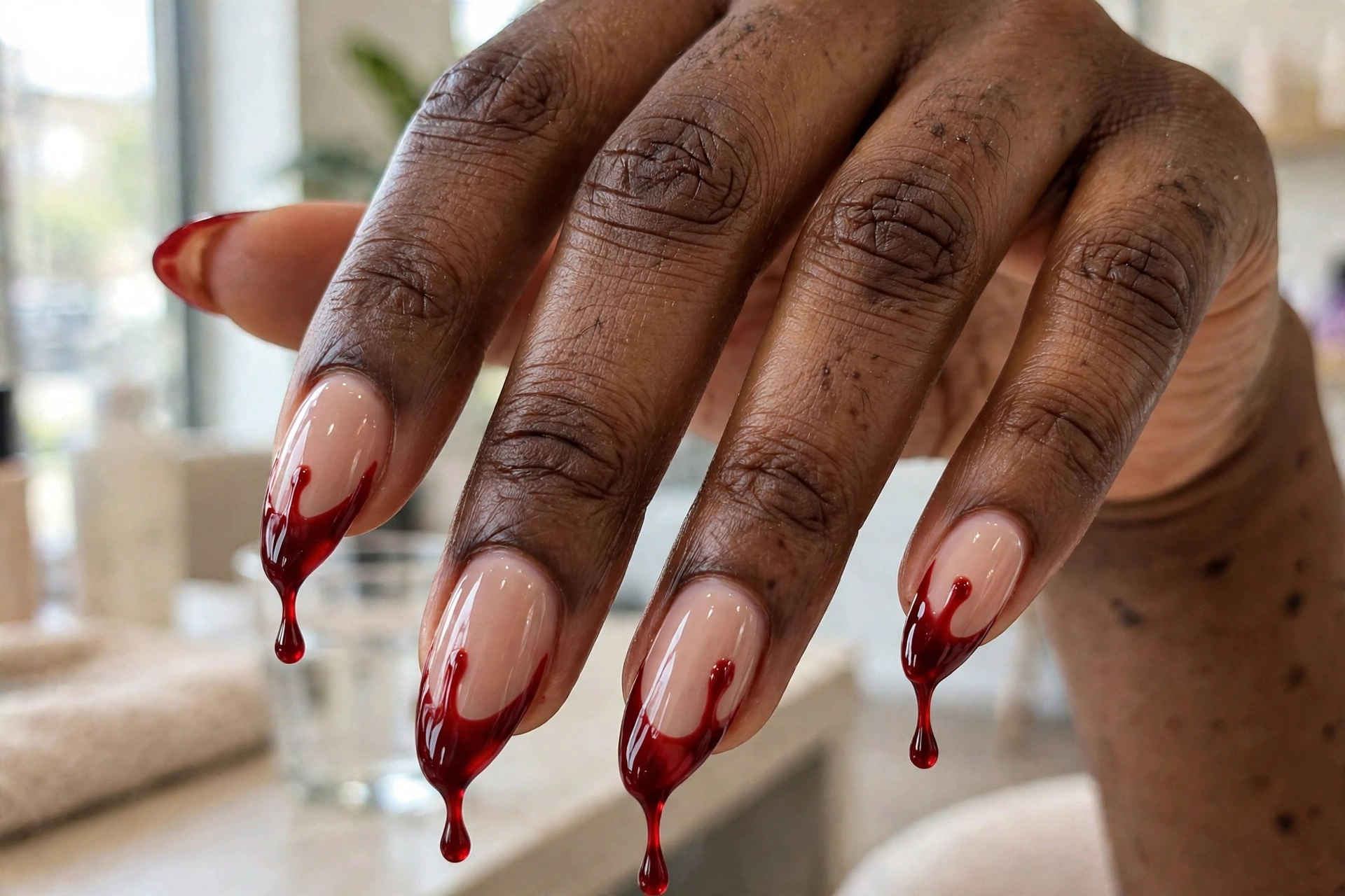 Bloody drip Halloween nail design with red drips over nude base