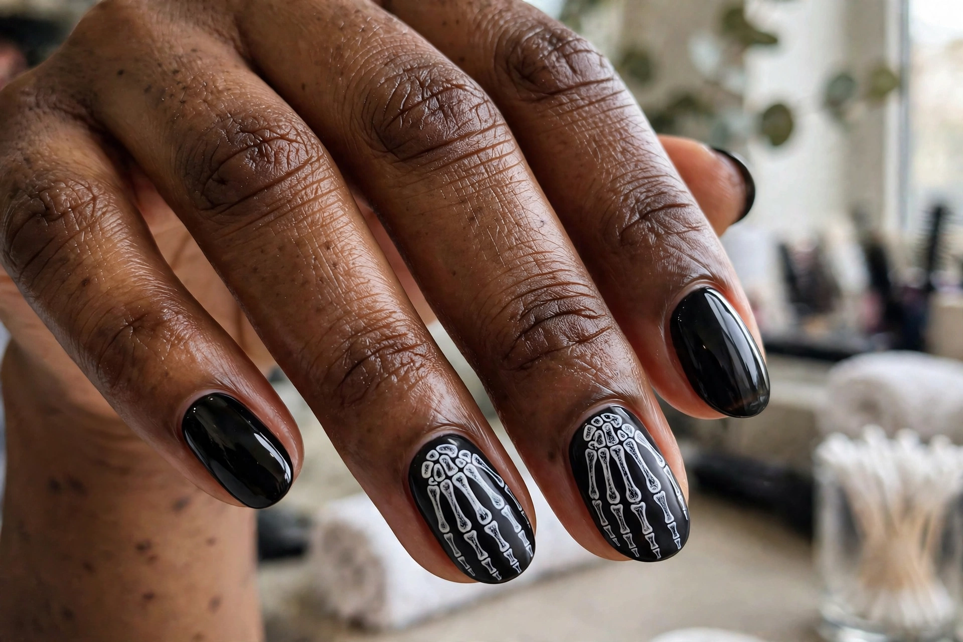 Skeleton bone Halloween nail design with white bone art on black nails