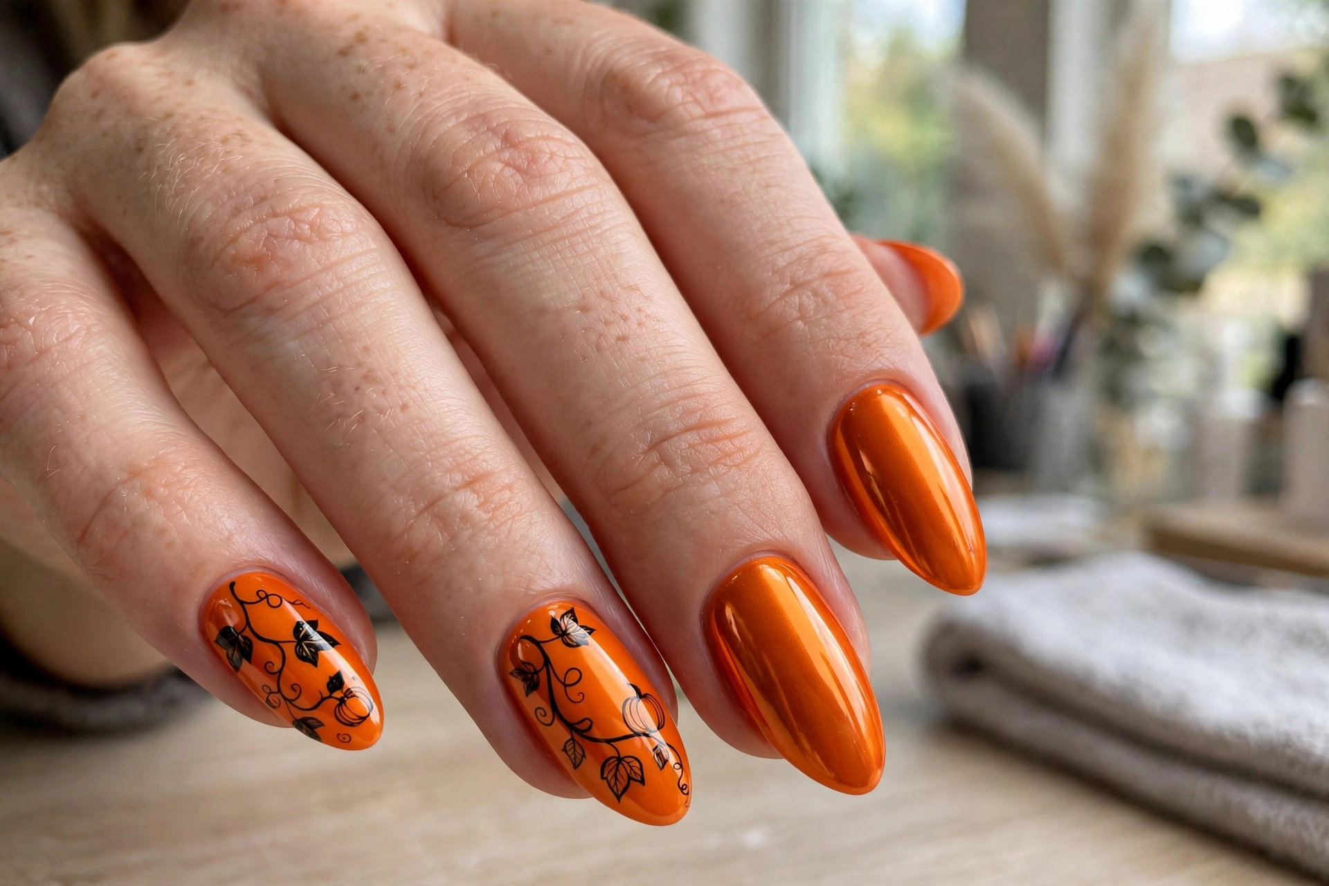 Pumpkin patch chrome Halloween nail design in glossy orange chrome with vine details