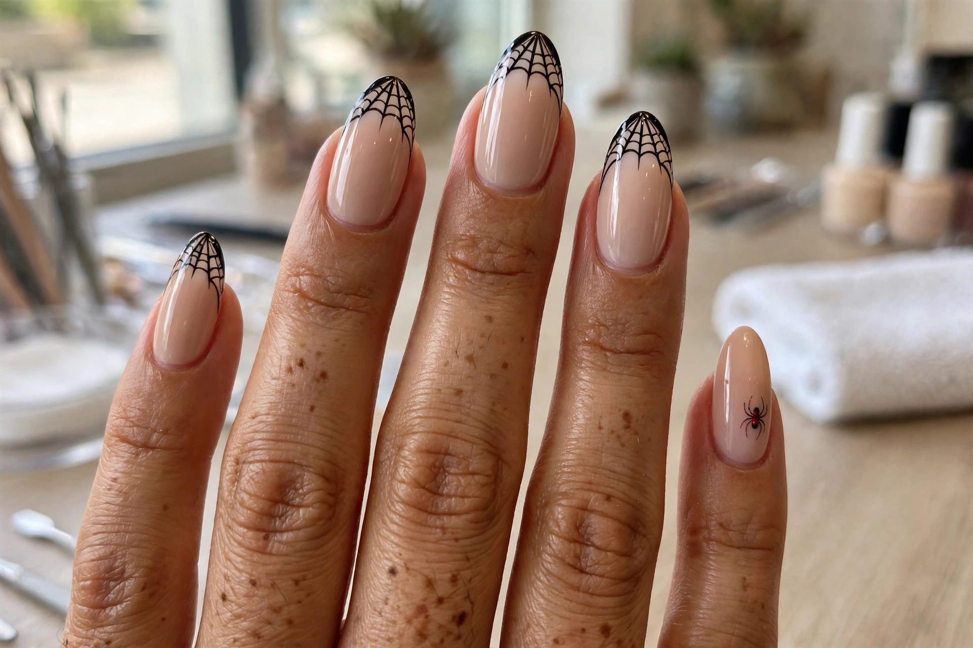 Spiderweb French tip Halloween nail design with black web tips on nude base