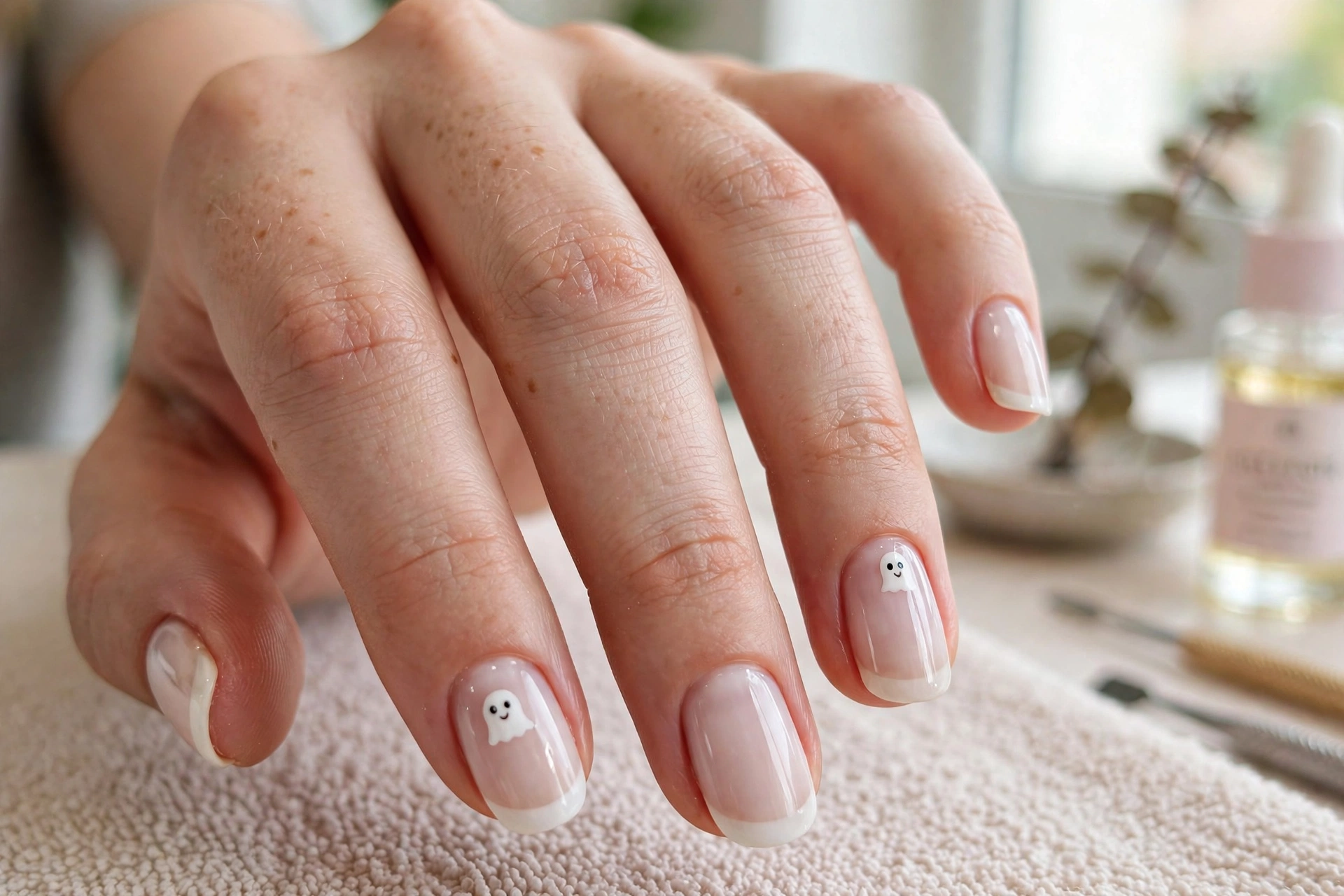 Ghostly French Halloween nail design with tiny ghost faces on white tips