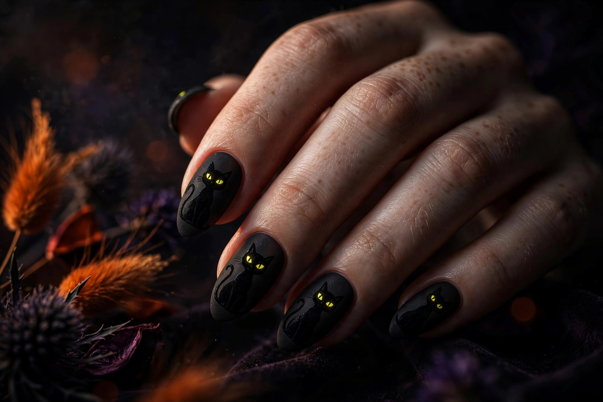Black cat silhouette Halloween nail designs with glowing yellow eyes on matte black almond nails
