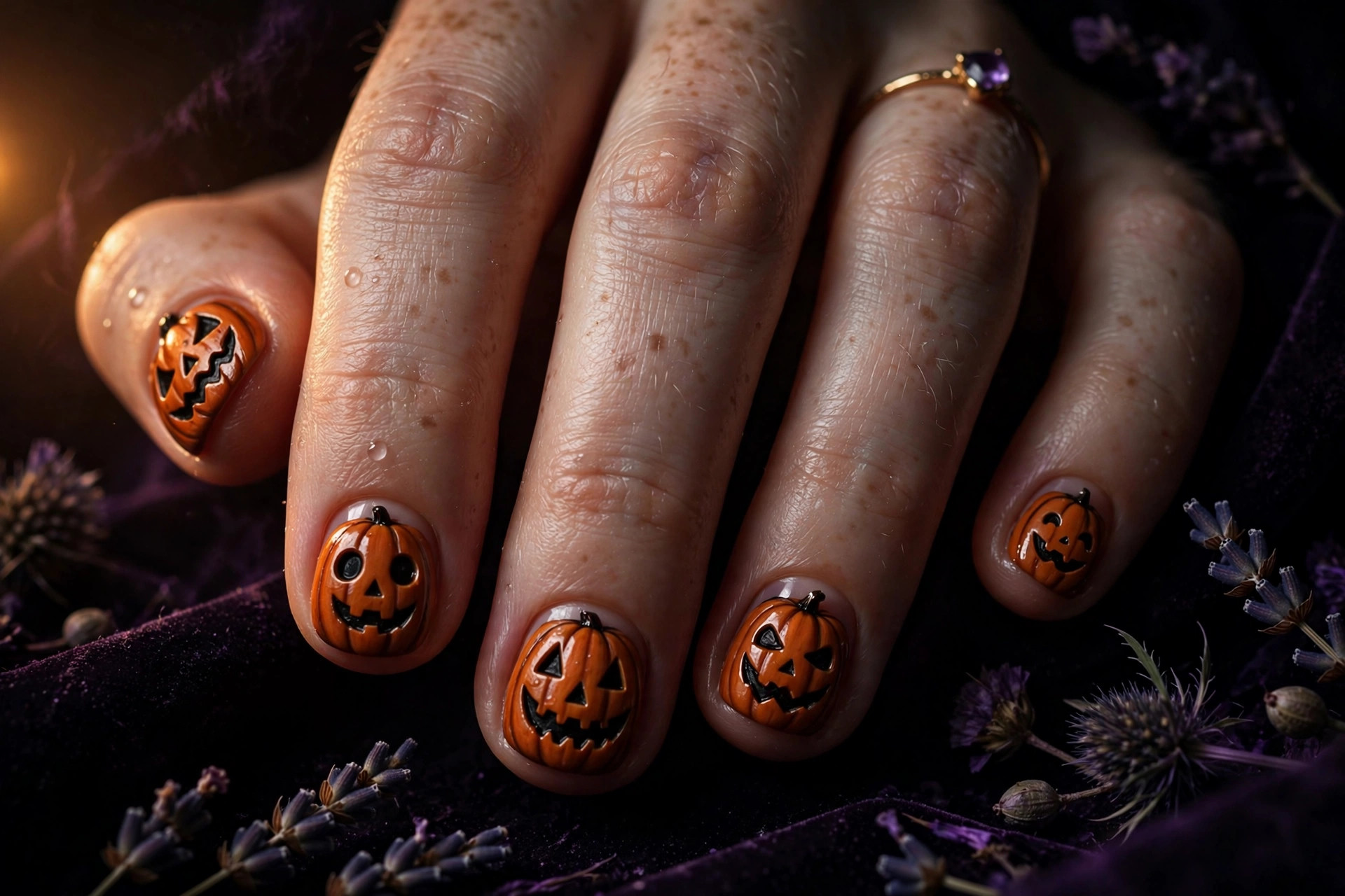 Cute jack-o'-lantern pumpkin face Halloween nails in burnt orange