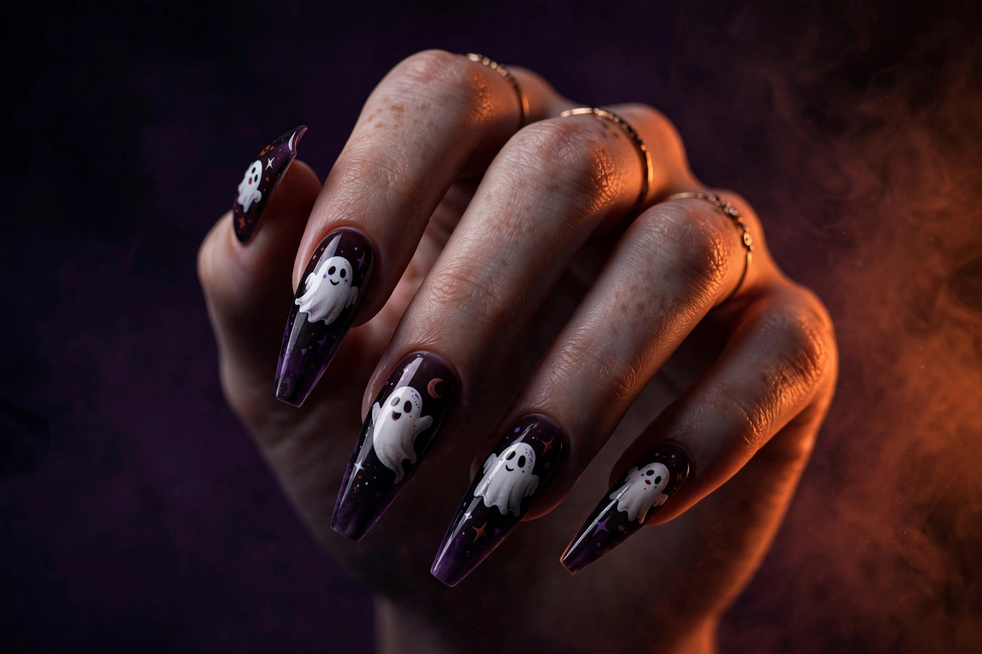 Friendly white ghost Halloween nail art on deep purple-black gradient coffin nails