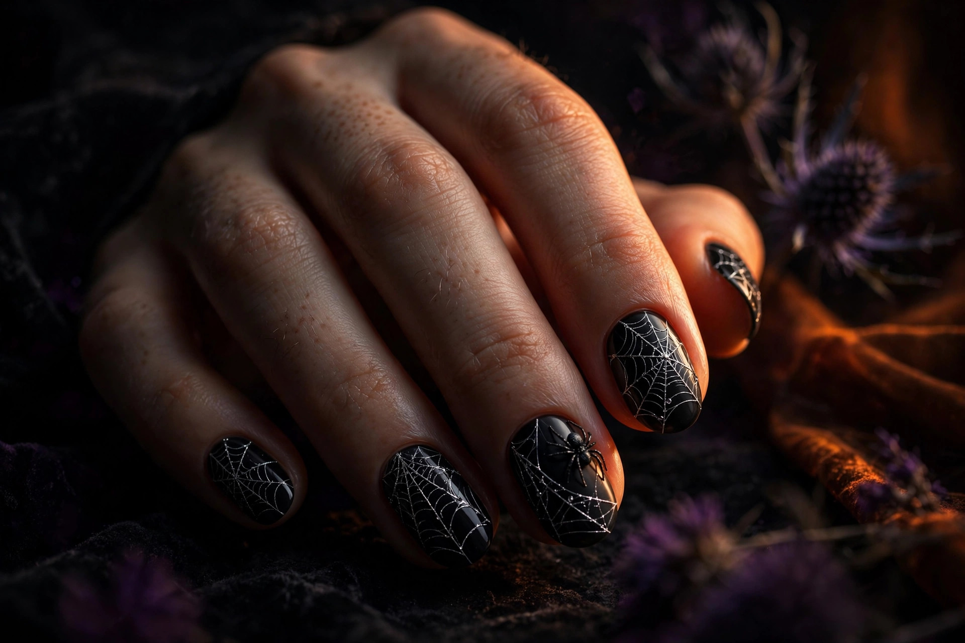 Delicate silver spider web nail art on glossy black oval nails