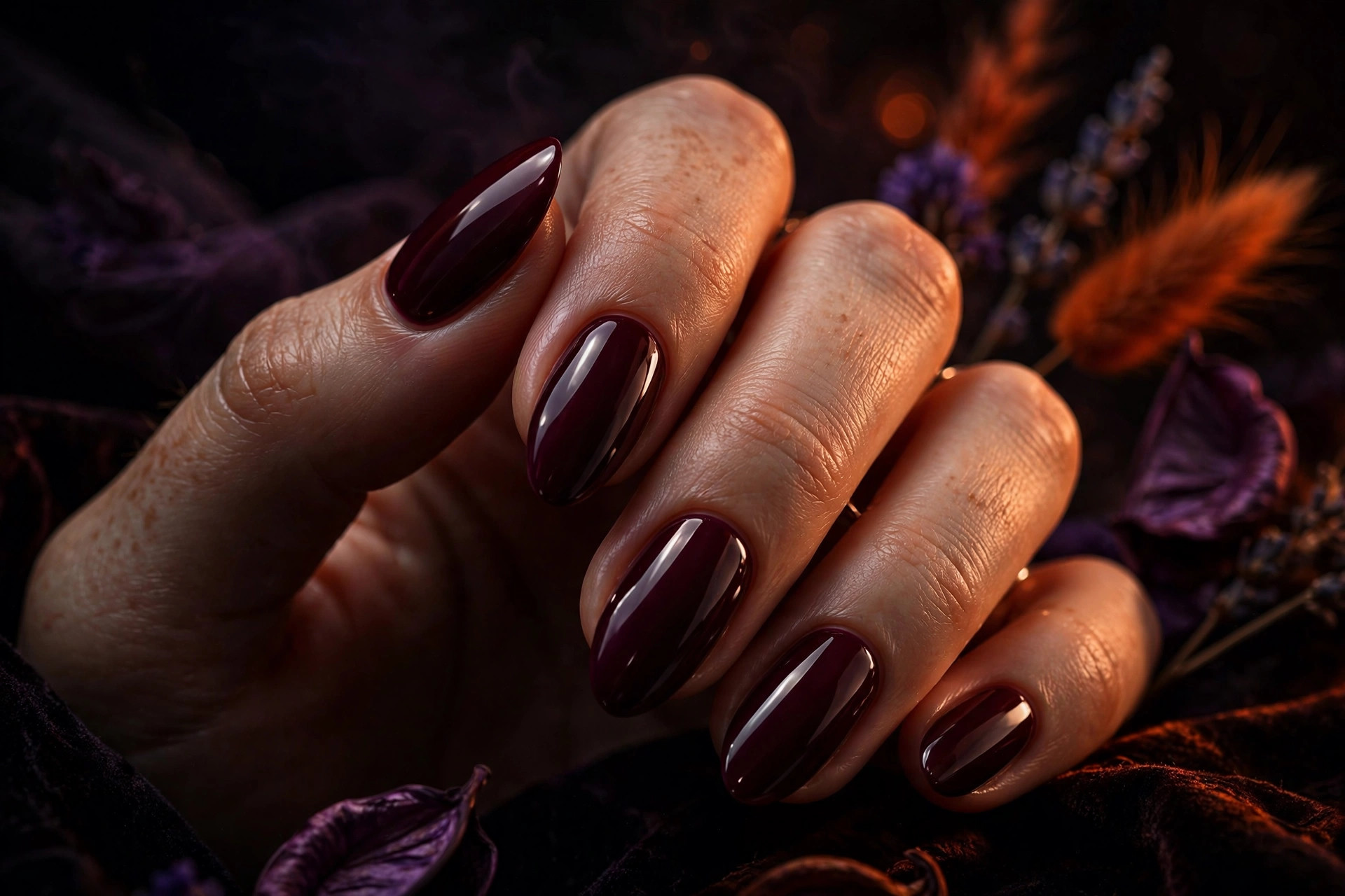Deep burgundy wine solid Halloween manicure with high-gloss finish