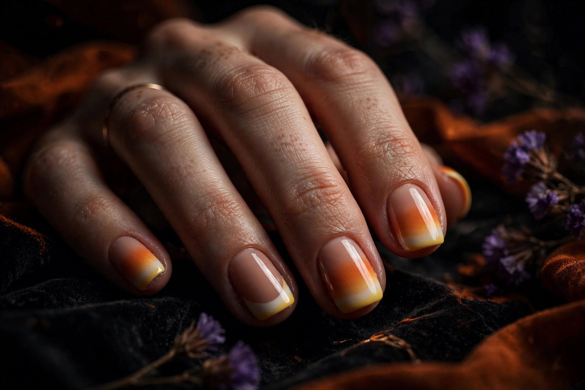 Candy corn tip Halloween nails in white orange and yellow on nude base