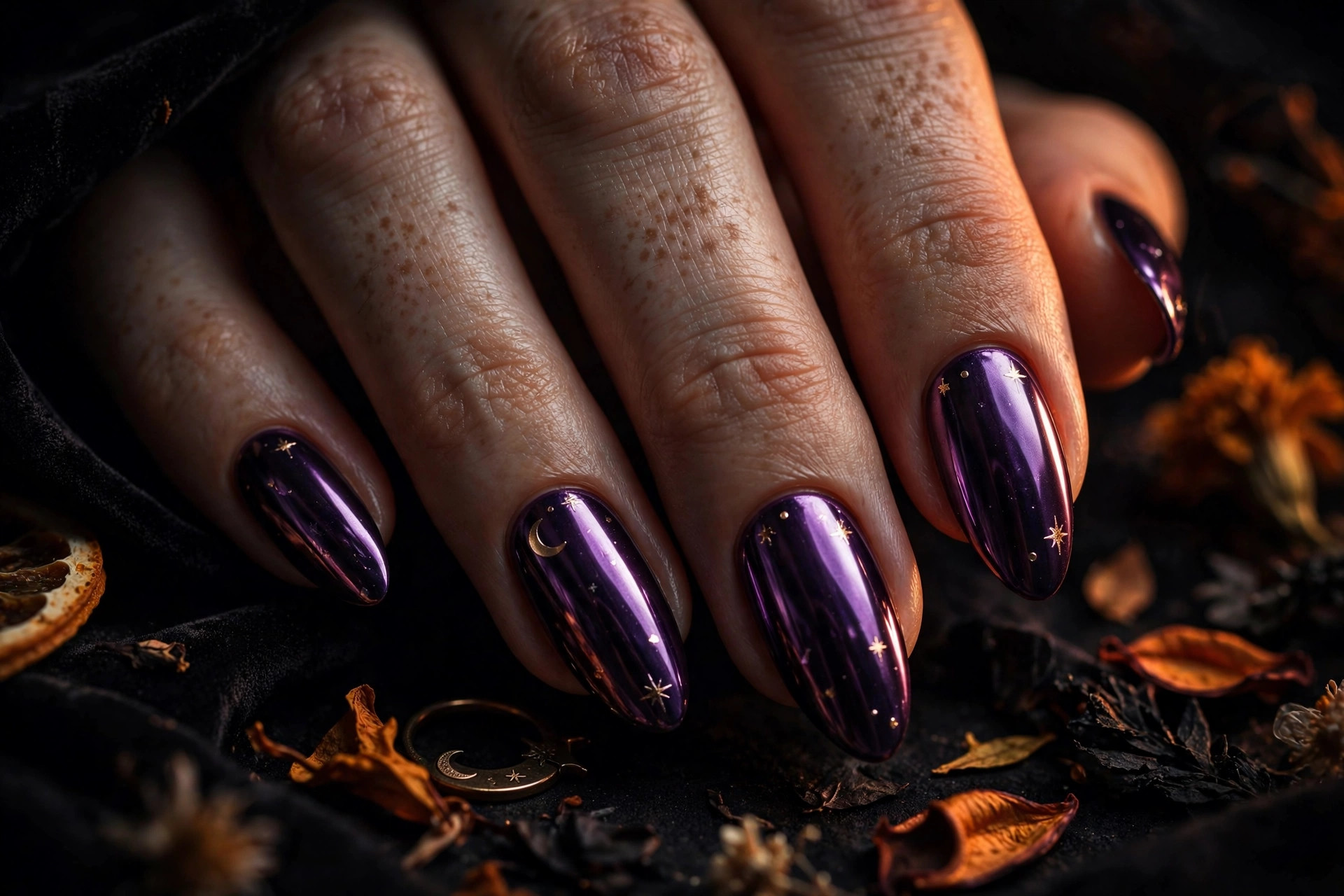 Witchy deep purple chrome Halloween nails with moon and star decals