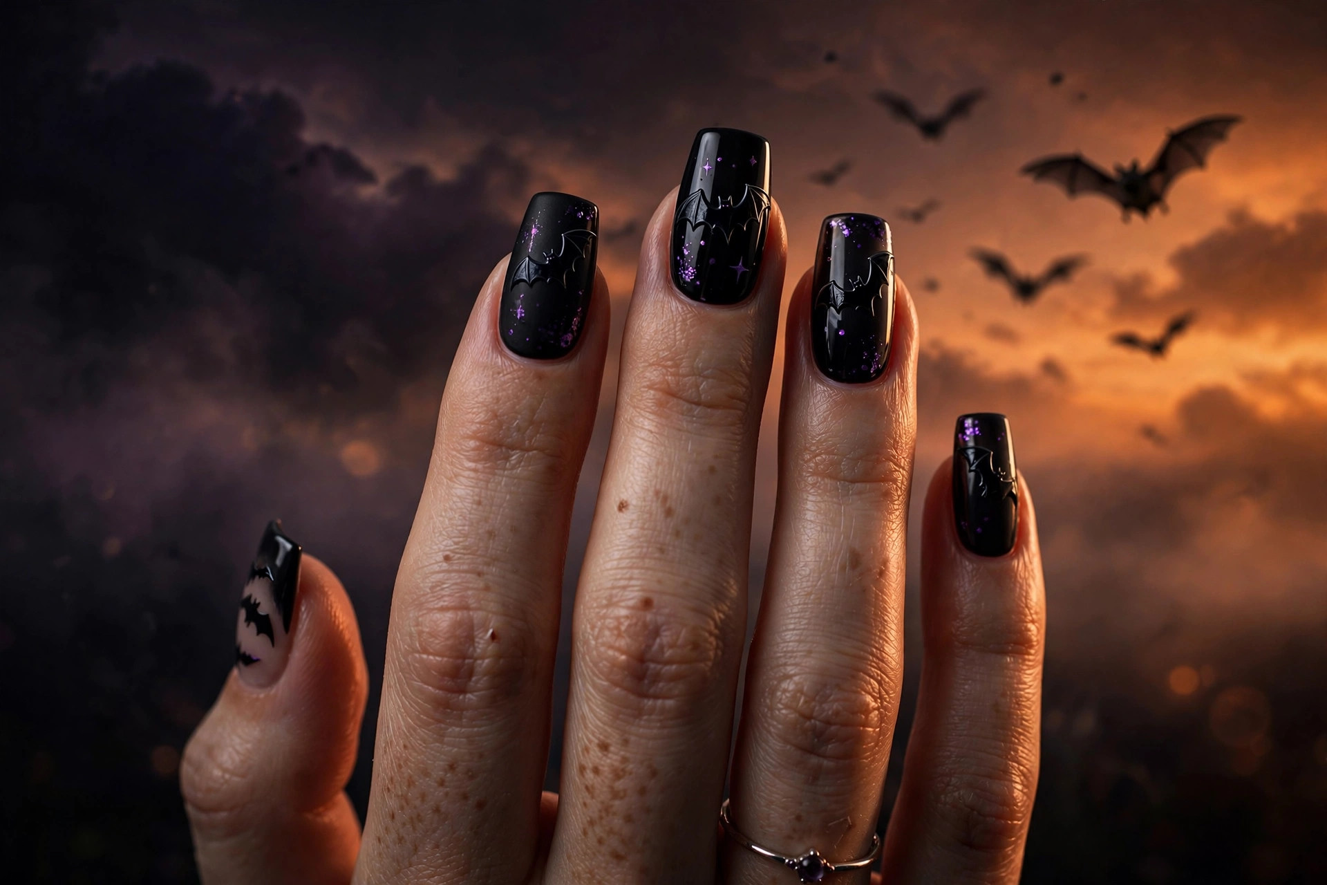 Black bat silhouette Halloween nail art over orange-to-black sunset gradient