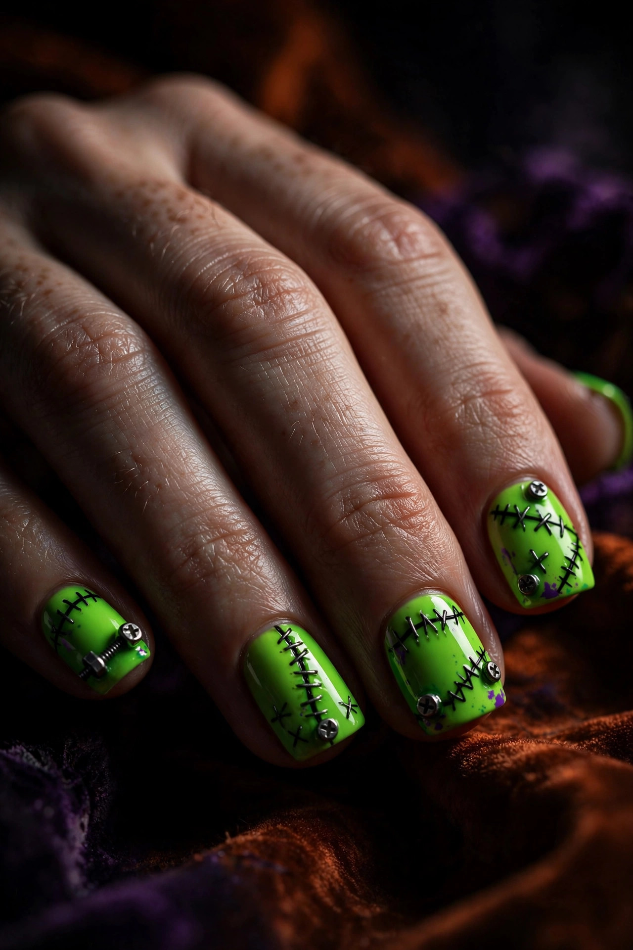 Playful Frankenstein green Halloween nails with black stitch details