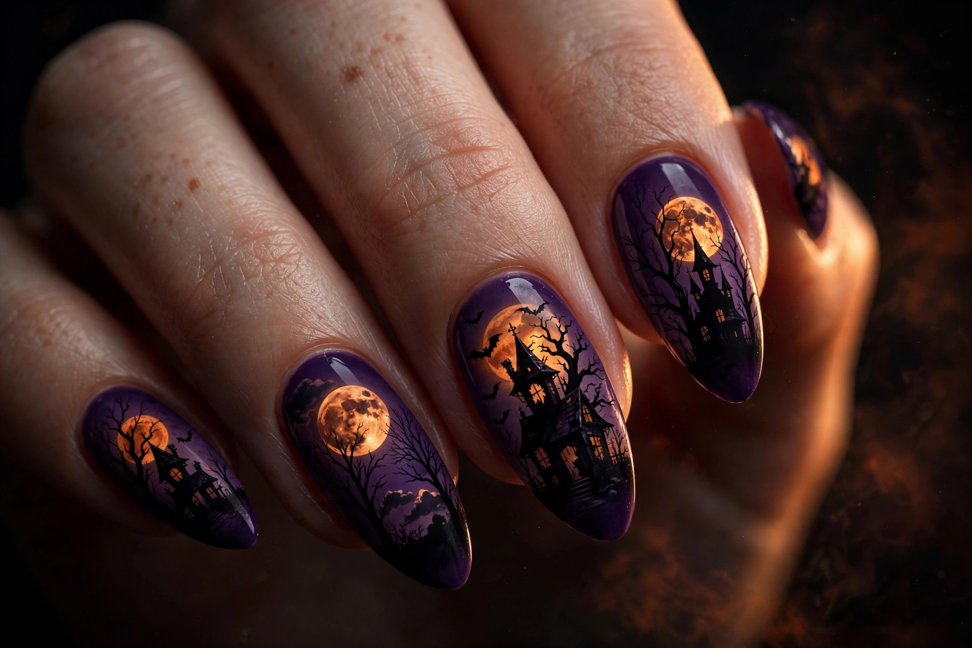 Haunted house silhouette Halloween nail art against a glowing full moon