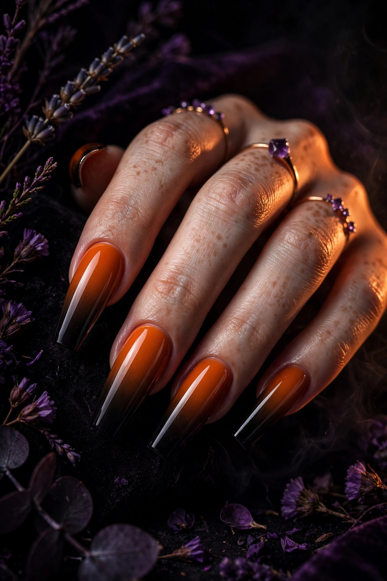Burnt orange to black ombre Halloween manicure on coffin nails