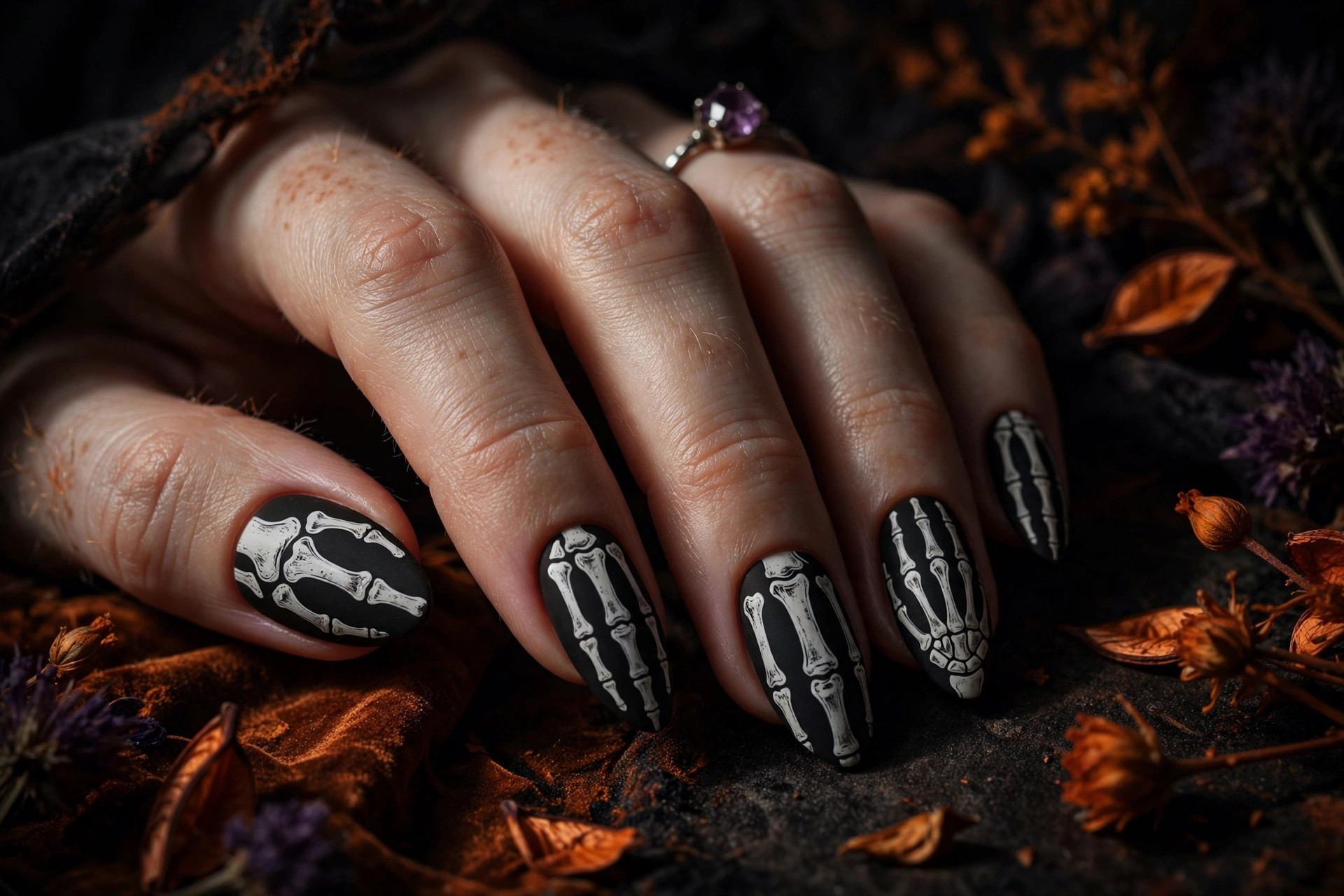 White skeleton hand bone nail art on matte black Halloween nails