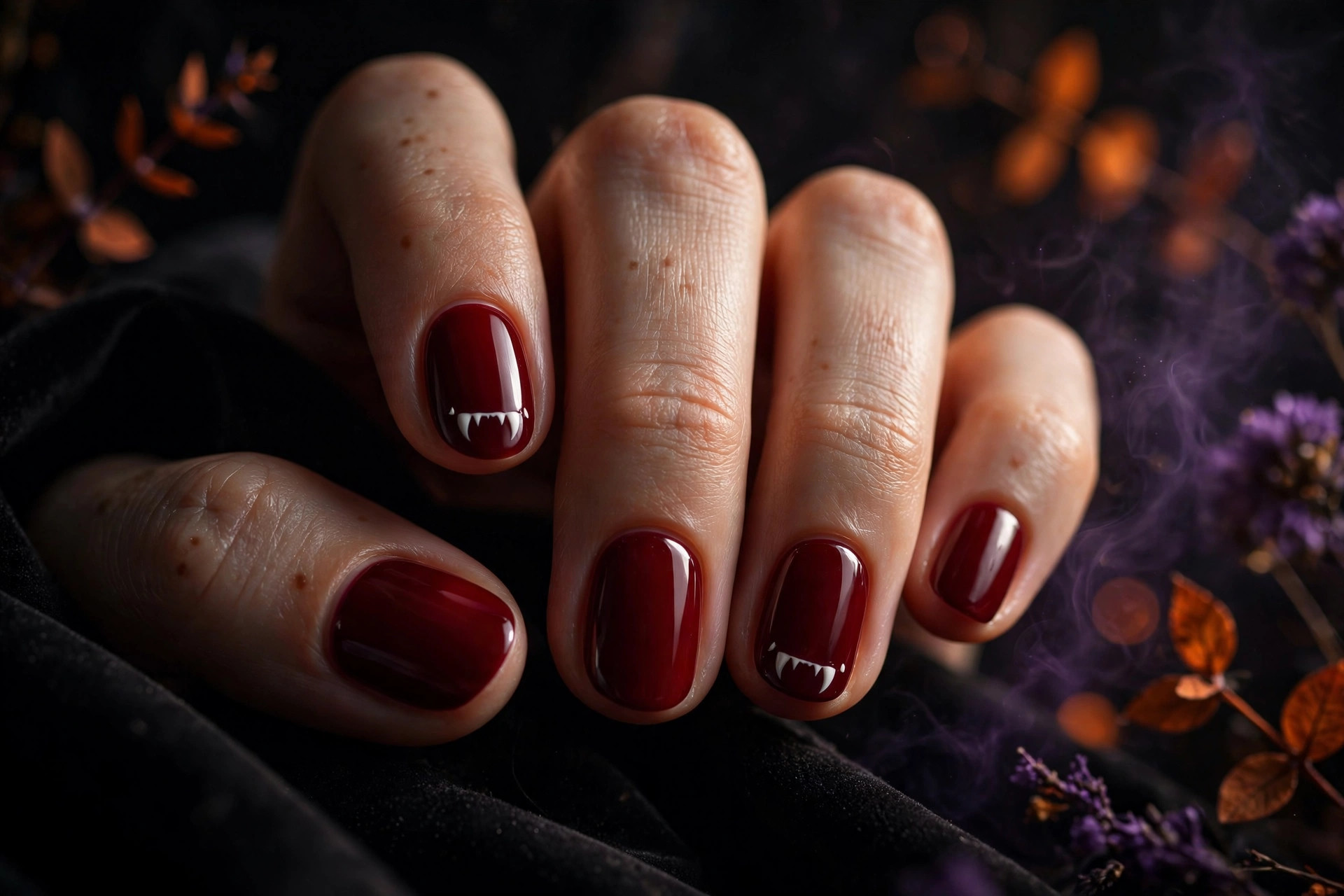 Vampire fang accent Halloween nails with deep oxblood red polish