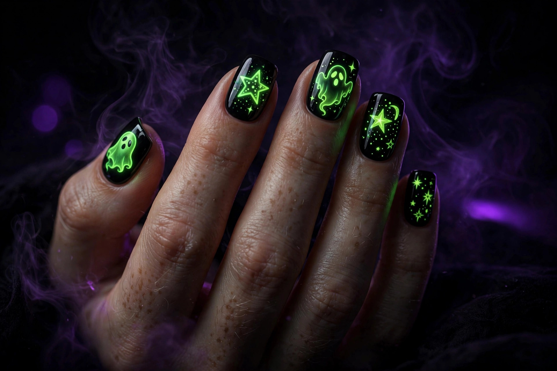 Glow-in-the-dark ghost and star Halloween nail art glowing neon green