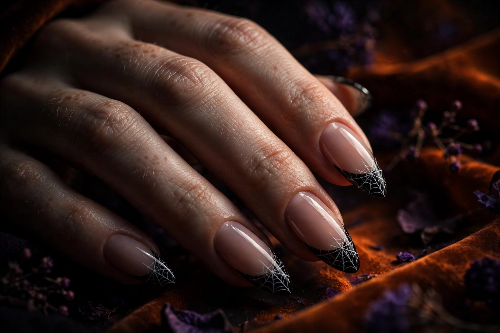 Spiderweb French tip Halloween nails with black tips on nude base