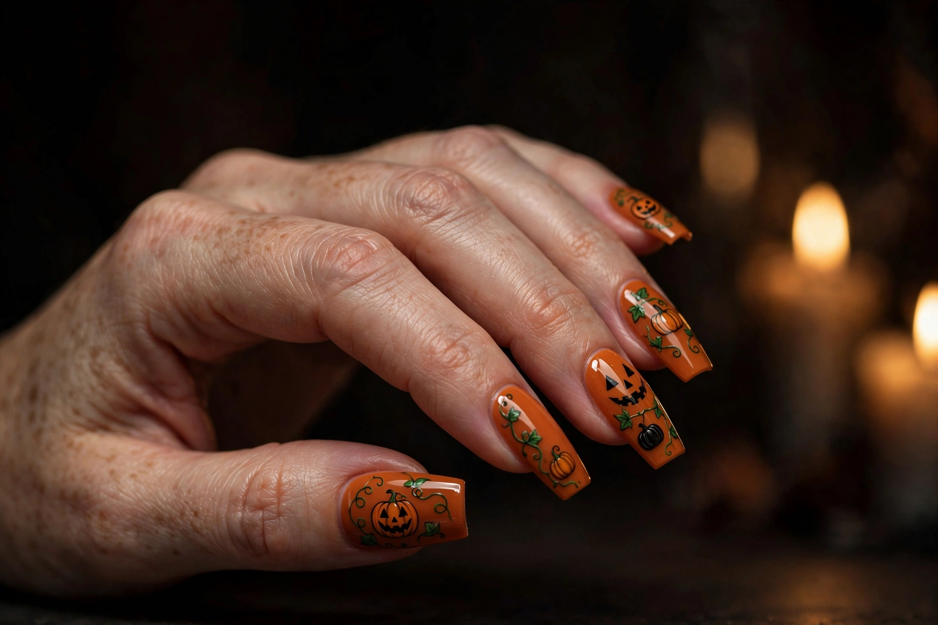 Pumpkin patch Halloween nails design with jack-o-lantern art