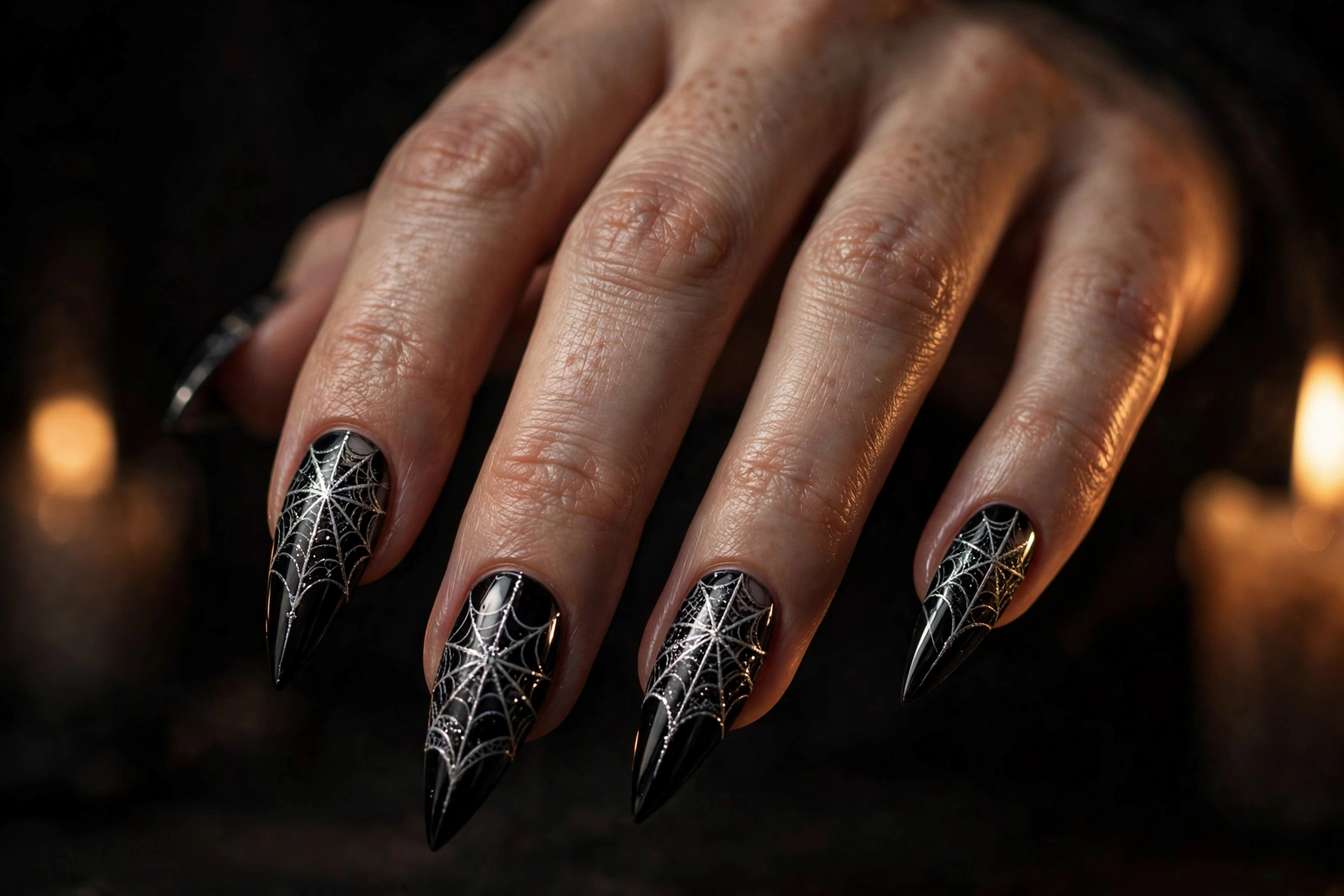 Spiderweb lace Halloween nails design on black stiletto nails