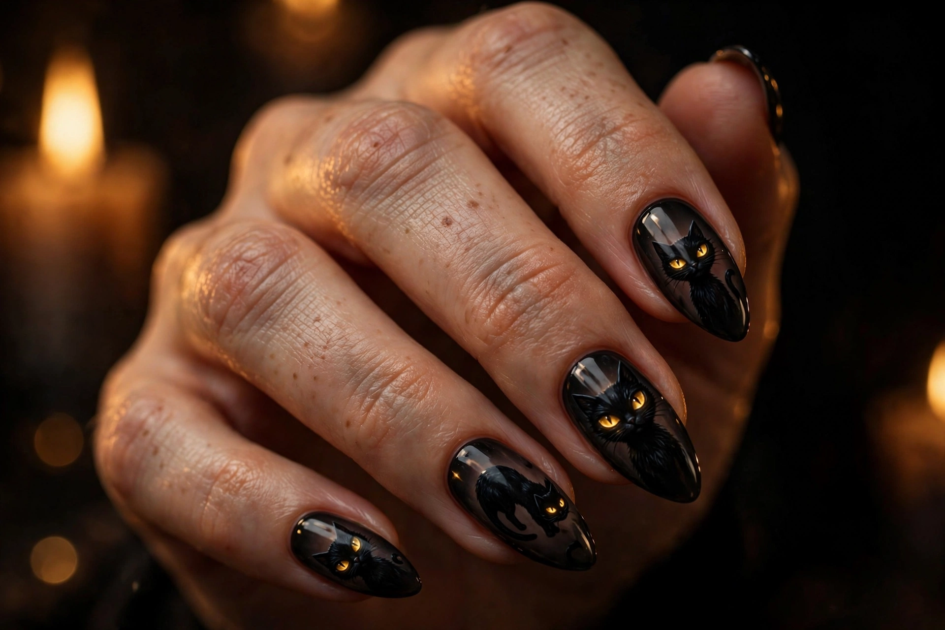 Black cat Halloween nails design with golden eyes