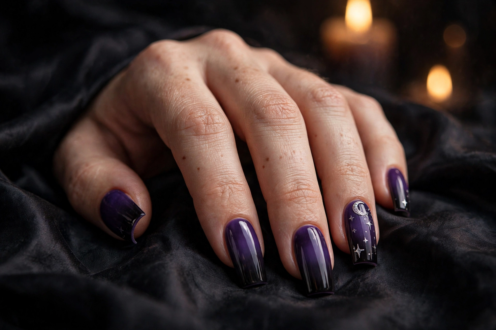 Witchy midnight purple Halloween nails design with stars and moon