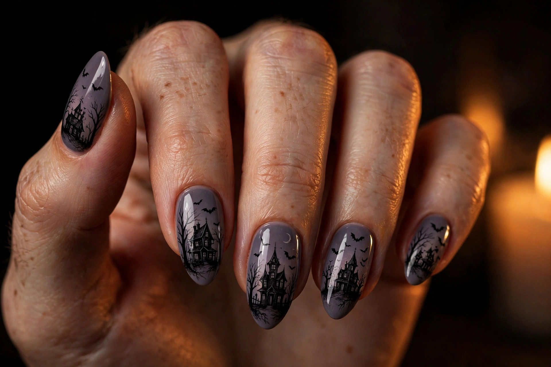 Haunted house silhouette Halloween nails design