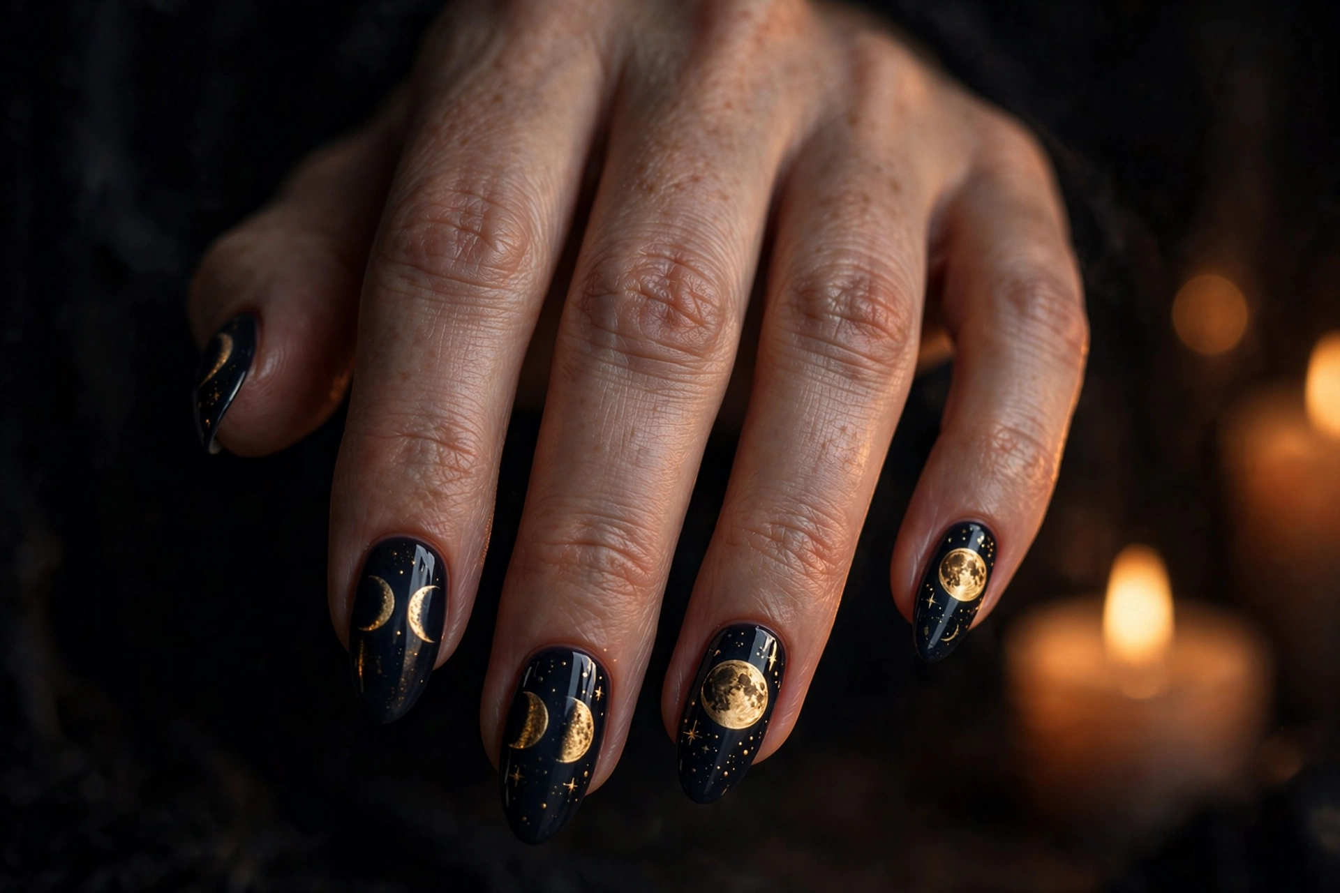 Harvest moon phase Halloween nails design
