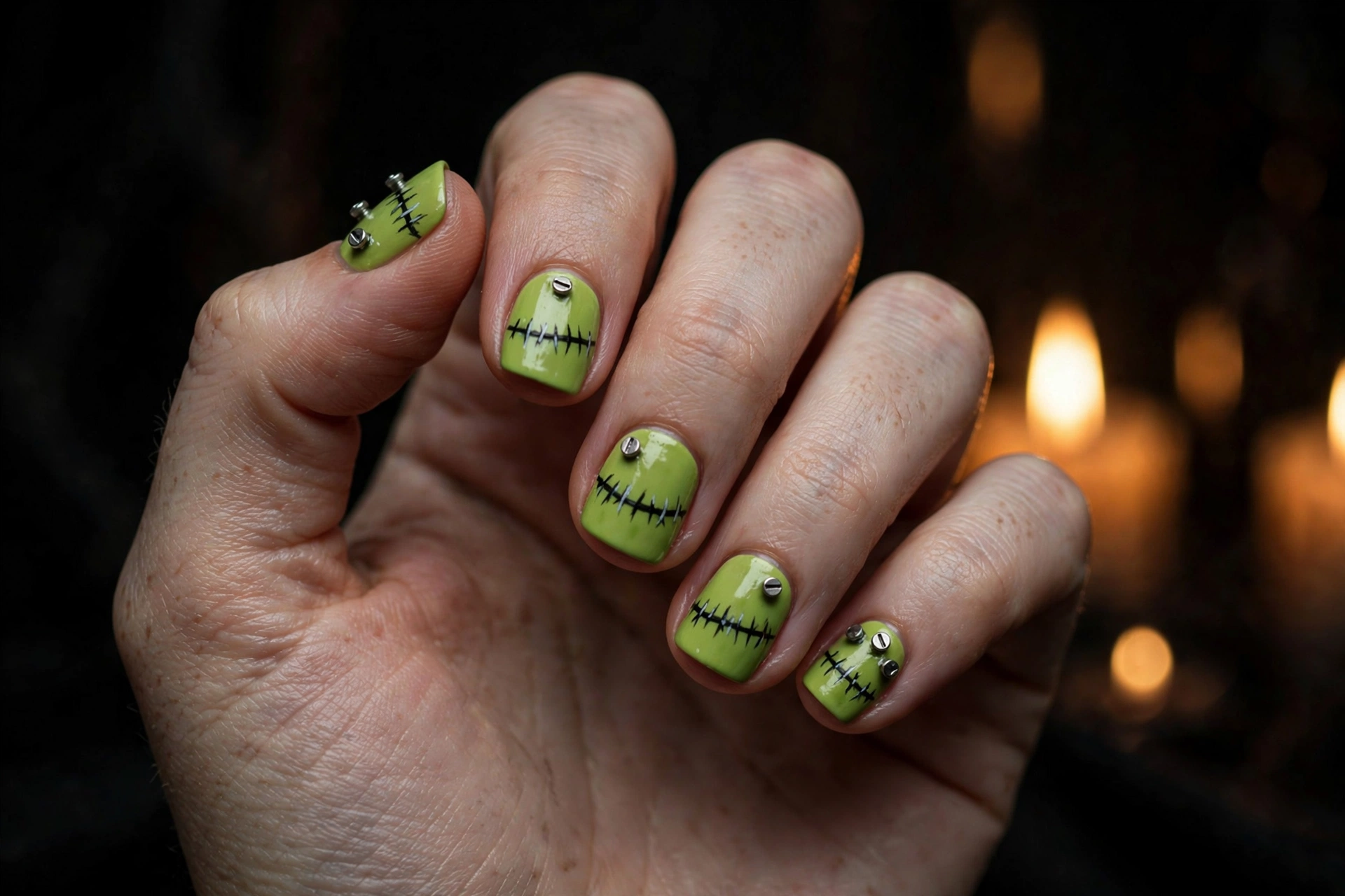 Frankenstein green Halloween nails design with stitches