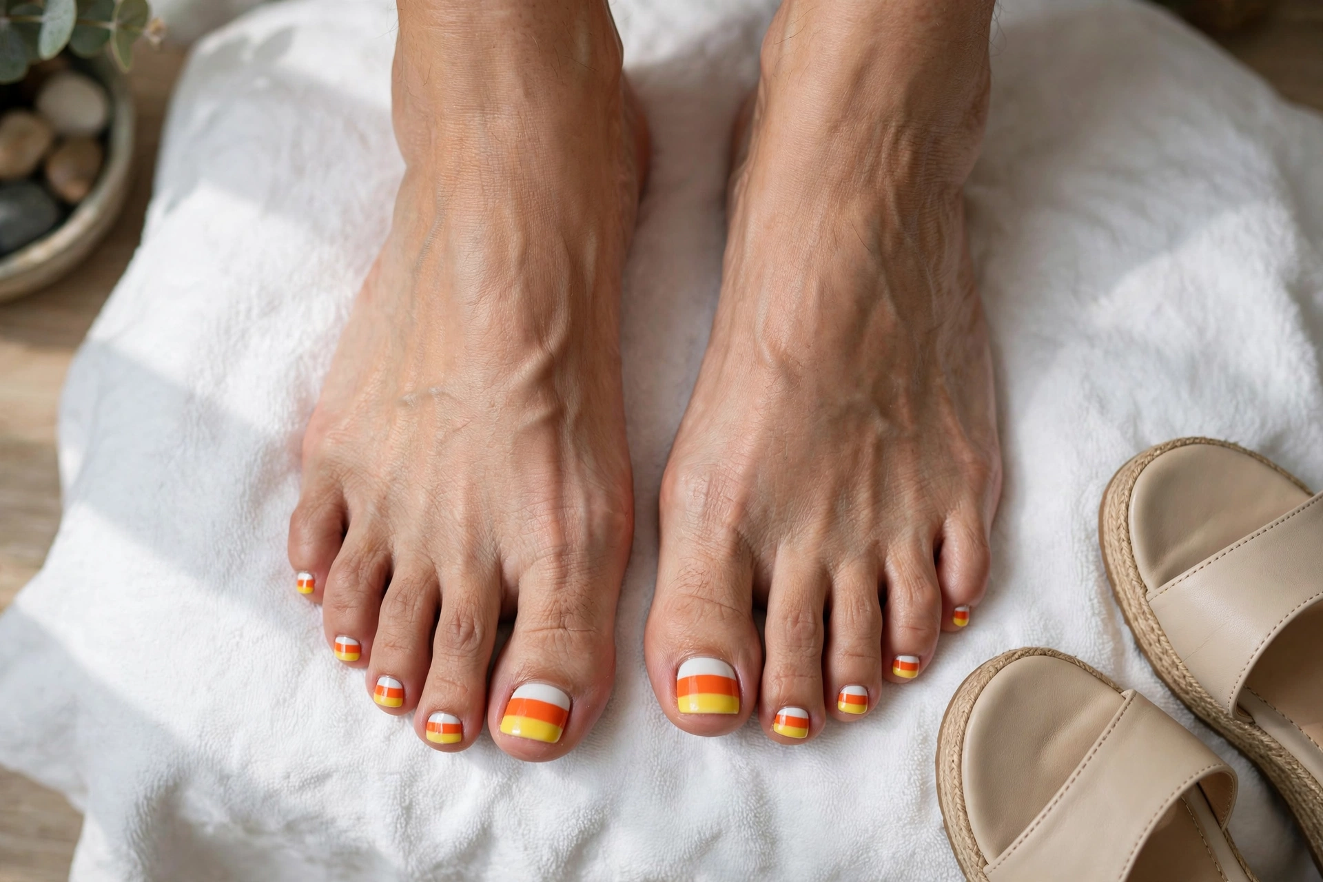 Candy corn striped halloween toe nail designs in white orange and yellow