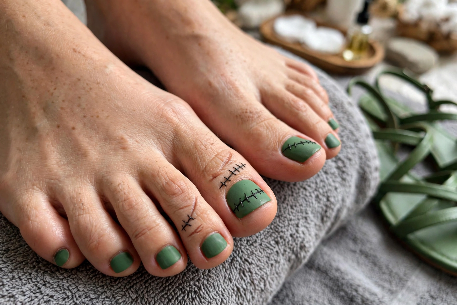 Frankenstein green halloween toe nail designs with stitch details